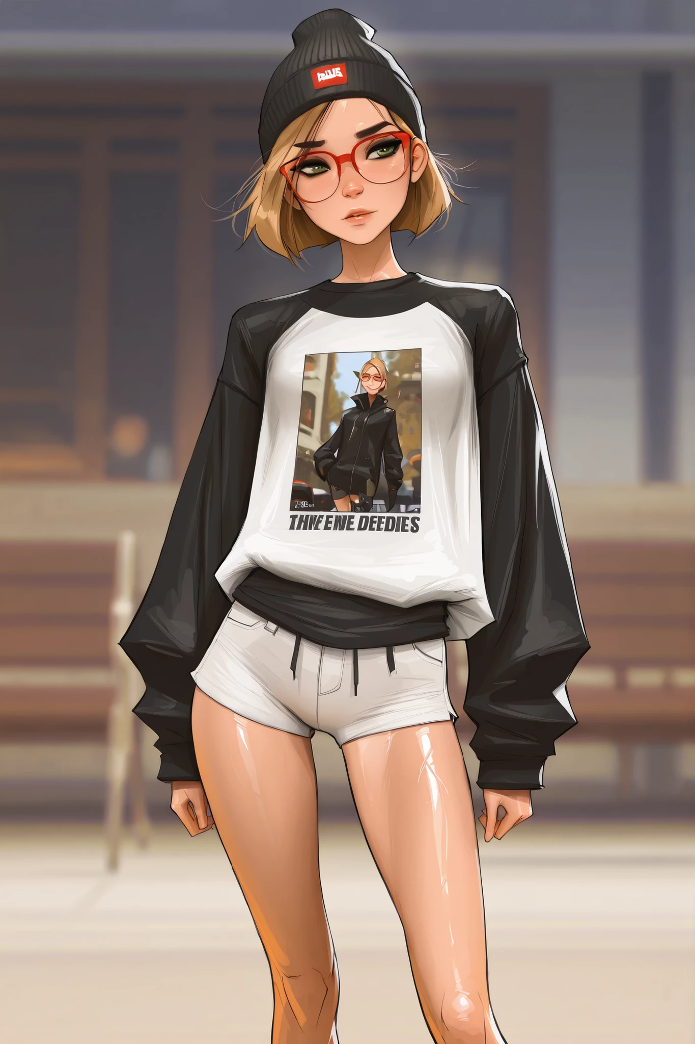 red rimmed glasses, short hair, green eyes, blonde hair, masterpiece, best quality, very aesthetic, movie quality, depth of field,soft saturation, focused subject, ,official style, shiny skin, 1girl, dark eyeliner, high top beanie, darcy redd, shirow masamune,  sam yang style,  oily skin,  1girl, small ,  wavy brown hair, tshirt, white jean shorts, tall girl, long abdomen, 