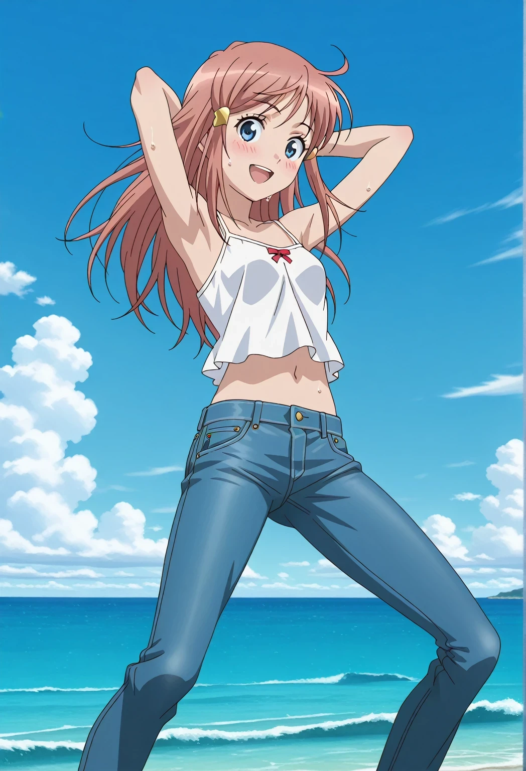 score_9, score_8_up, score_7_up, source_anime, highres, hi res, ((best quality, top quality, perfect quality, Highest Quality, amazing quality)), {{masterpiece}}, {{an extremely delicate and beautiful}}, 2d, intricate details, official style, anime, 8k, anime style, official_anime, official art, digital painting, cell shading, soft shading, high resolution, soothing tones, Subdued Color, Soft cinematic light, adobe lightroom, photolab, HDR, intricately and hyper-detailed, ((high quality animation)), 1 girl, Alone, solo, ((ocean)), tsunami, on the water, day, sunny, outdoors, sky, windy, kato_marika, brown hair, long hair, blue eyes, ((single golden hair ornament)), anime screencap, small breasts, white camisole top, crop top, white crop top, best quality, hyper-detailed jeans, ((blue jeans:1.9)), (dark blue jeans:0.6), full medium body, medium shot, Open mouth, smiling, happy face, blush, sweat, standing, ((arms behind head:6.0)), bowlegged, jumping pose, action, looking at viewer, spread legs, Bend knees slightly, straight-on front view