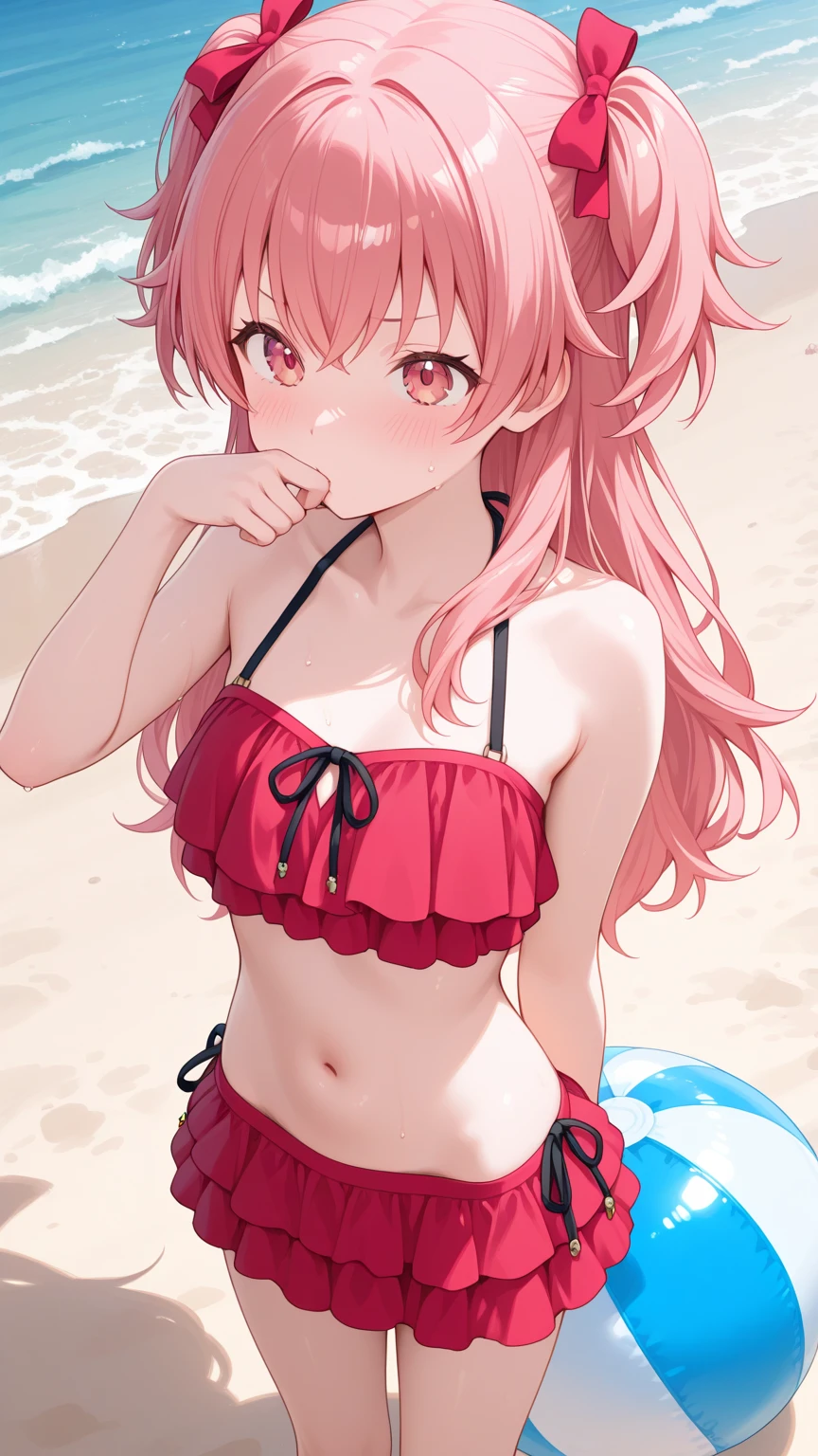 creates an anime girl in a red swimsuit taking off a white blouse 24 years old in a tropical beach landscape and sitting on a beach chair