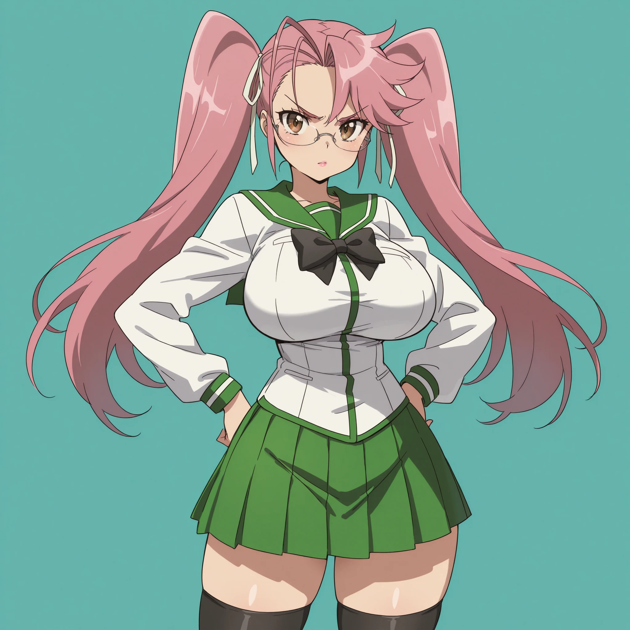 masterpiece, ultra-HD, impressionism, high detail, best quality, very aesthetic, 8K, best quality, beautiful, ultra-high resolution, 32K UHD, sharp focus, 1girl, solo, saya takagi, long hair, ribbon, twintails, brown eyes, eyelashes, hair ribbon, pink hair, glasses, pink lips, huge breasts, narrow waist, wide hips, thick thighs, shapely legs, slim, skirt, thighhighs, school uniform, serafuku, zettai ryouiki, green skirt, bowtie, long sleeves, black thighhighs, black bowtie, blushed, angry, serious, hand on hips, standing, looking at the viewer, simple background, from the front view