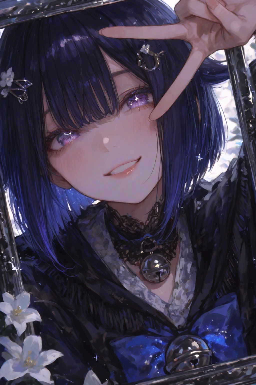 （（tmasterpiece：1.4，Best quality））+，（hyper-detailing）+，（Ultra-detailed eyes）+，（Fish ears：1.5），The halo
（cute girls），15year old，（Black colored eyes：1.15）Short dark purple hair，Bushy hair（wariza：1.2），pale-skinned，ssmile，a  smile，black masked
（She wears a white shirt，Black leather pants，Lilac robe，：1.5），（Black gloves：1.4）The sleeves are long，Red witch hat，crystal earrings，merfolk，The corals，Menghua，gem jewelry，Ocean of fish and trees，Conch headdress，glowing butterflies，jellyfish，The halo，fishbone
（Fishtail：1.1），
（dawn light：1.2），
（Thick black and white：1.16），（depth of fields：1.4），，Complicated details，