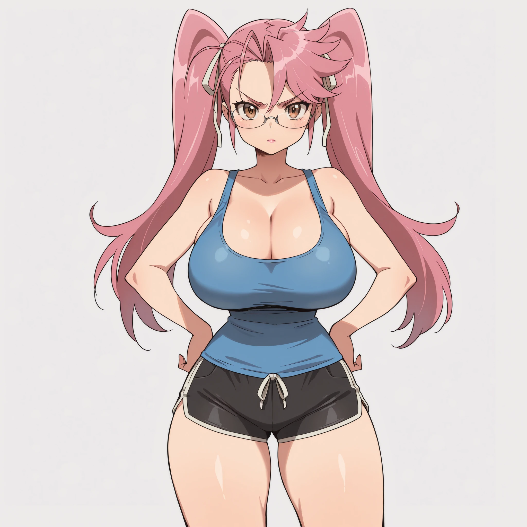 masterpiece, ultra-HD, impressionism, high detail, best quality, very aesthetic, 8K, best quality, beautiful, ultra-high resolution, 32K UHD, sharp focus, 1girl, solo, saya takagi, long hair, ribbon, twintails, brown eyes, eyelashes, hair ribbon, pink hair, glasses, pink lips, huge breasts, narrow waist, wide hips, thick thighs, shapely legs, slim, blue tank top, cleavage, black sports shorts, blushed, angry, serious, hand on hips, standing, looking at the viewer, simple background, from the front view