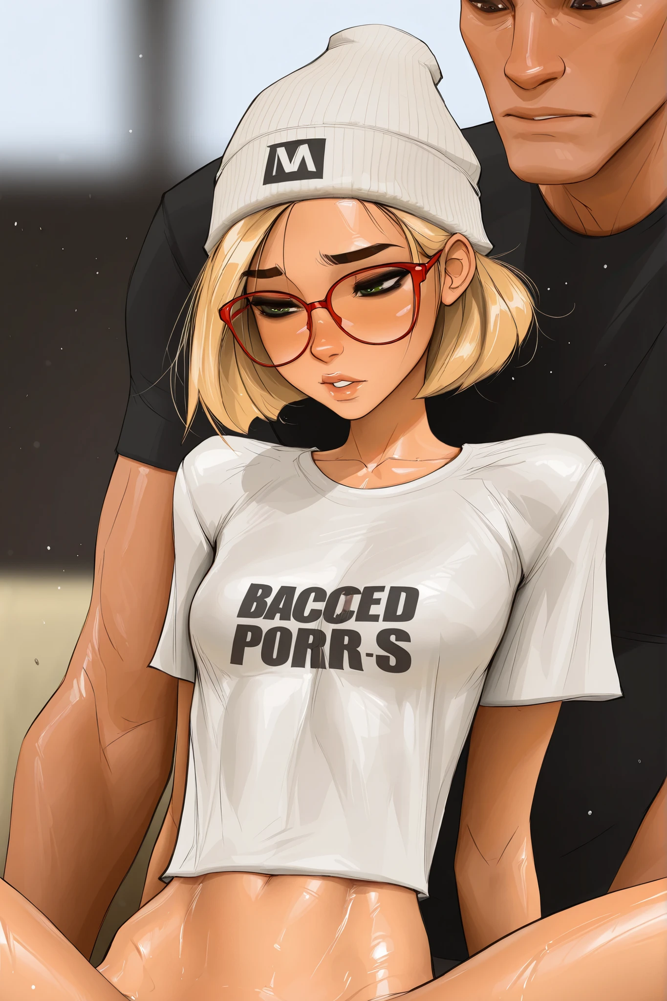 short hair, green eyes, blonde hair, red rimmed glasses, masterpiece, best quality, very aesthetic, movie quality, depth of field,soft saturation, focused subject, ,official style, mature woman, 1girl, dark eyeliner, high top beanie, shirow masamune, sam yang style, oily skin, 1girl, small , torn at the midriff t-shirt, , 1 man, blacked