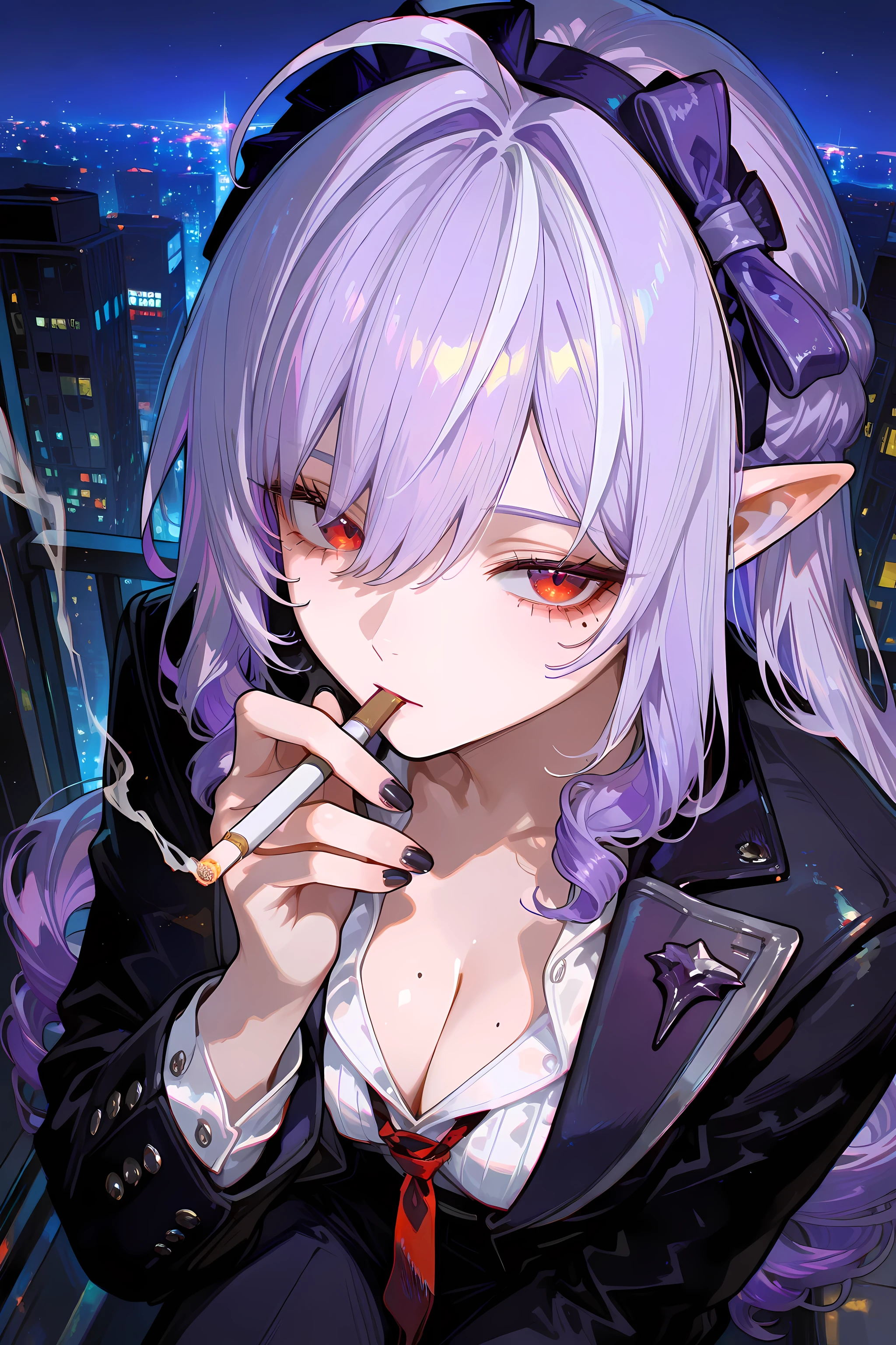 vivian (zenless zone zero), red eyes, mole, mole under eye, purple hair, very long hair, drill hair, ponytail, ahoge, pointy ears, two-tone hairband, black hairband, purple hairband, purple hair bow, black nails, fingernails, nail polish. Smoking, smoking cigarette, looking at viewer. Wearing formal outfits: fitted black blazer, open blazer, white shirt, cleavage, medium breast, loose red tie, and dress pants, sleek, professional agent style. City square at night, illuminated skyscrapers, reflections on wet asphalt, a calm clear night sky. View from above, half body, close up, eyes focus, detailed eyes, cinematic light, chromatic ambient 2.5, chromatic vignette 3.5, chromatic aberration 5.0, high res, best quality, by Pixiv, arts station, official anime style.