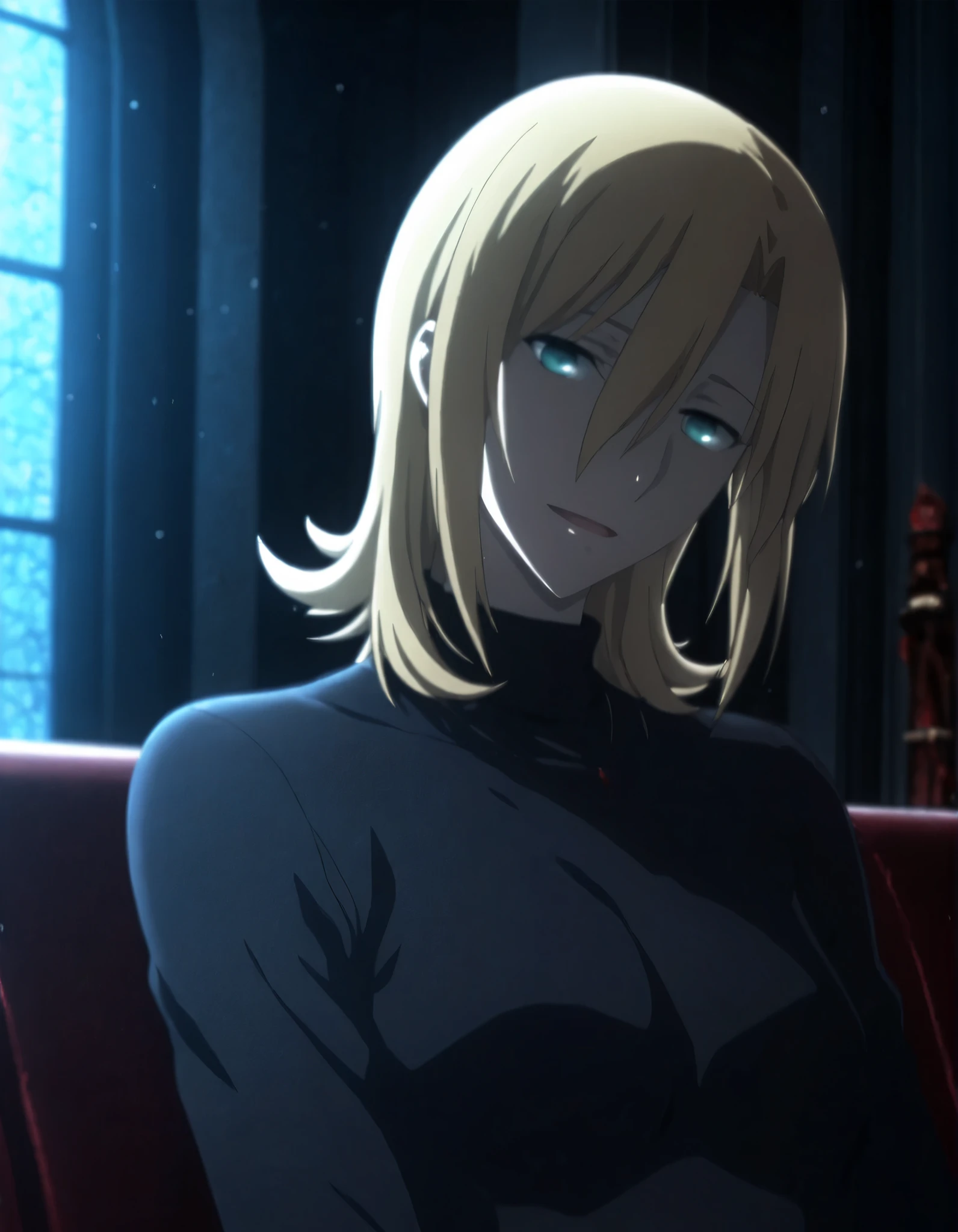 <lora:KnK_aozaki_toukoXLIllustrious001>,
masterpiece,best quality,good quality,newest, detailed face,
indoors, (church), dark, ,
light smile, light open mouth,
looking at viewer,
solo,
anime coloring,
aozaki_touko\(kara_no_kyoukai\),1girl,(flipped hair), (blond hair), long bangs, , medium hair, (green blue eyes),(),,
((small breasts)), (aged up:1.2),
(black sweater, ) ,head tilt, , ,
sitting,