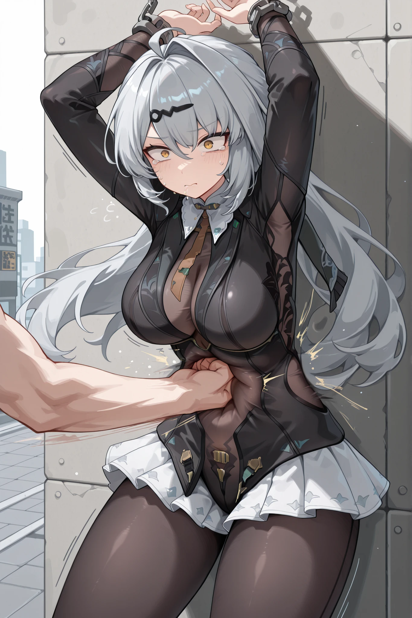 Masterpiece,best quality,highres,Super detailed,very detailed,highest quality,super detailed,high quality,high-definition,extremely detailed,absurdres,perfect lighting,outdoors,arms behind head,hanging all hands over head higher,hanging two hands over head higher,((((chain restrict her wrist)))),sexy,sexy belly line,Sexy belly line,Sexy Belly Line,navel punch,Navel punch,Navel Punch,(((((bellypunching,Bellypunching,Belly punching,Belly Punching,navel punch,Navel punch,Navel Punch,belly punching:1.2))))),
*//*,Yixuan\(zenless zone zero\),yxnnwtft,yi xuan zenless zone zero,zenless zone zero,yixuan,yellow eyes,grey hair,long hair,single hair intake,ahoge,breasts,hair ornament,black hairclip,hair between eyes,black jacket,black dress,black bodysuit,bodystocking,black bodystocking,see-through bodystocking,navel,covered navel,covered navel black dress,covered navel,covered navel black dress,pleated skirt,white shirt,white skirt,miniskirt,brown necktie,pantyhose,black pantyhose,long sleeves,
*//*,looking at viewer,small tears,closed mouse