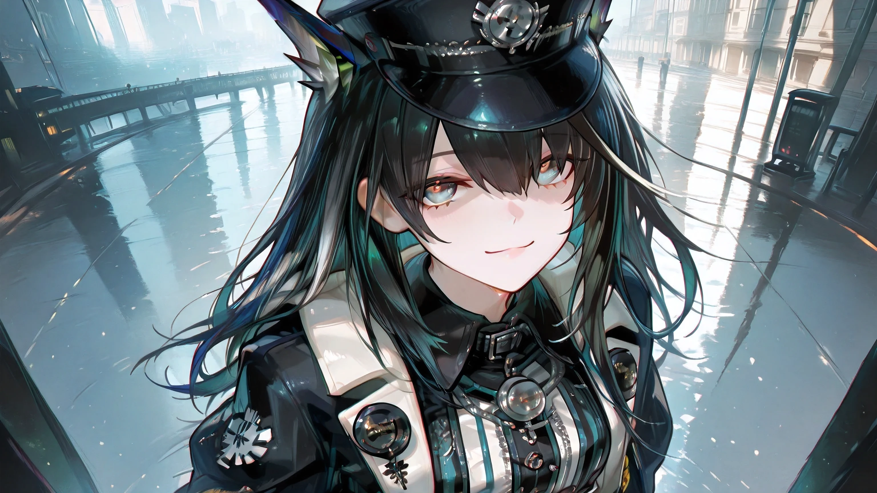 mon3tr \(personification\) \(arknights\),,(masterpiece, detailed:1.2),masterpiece, best quality, amazing quality, hyper-detailed, Wearing Victorian style jacket with silver embroidery, striped corset vest, ornate buttons, baroque rococo inspired fashion, black long coat, black tigerdoe captain hat. At city plaza, coy smile, day time, half body, close up, view from above, cinematic light, god-ray effect, chromatic effect, chromatic ambient 2.5, chromatic vignette 2.5, chromatic aberration 2.5, high res, best quality, by Pixiv, arts station, official arknights style