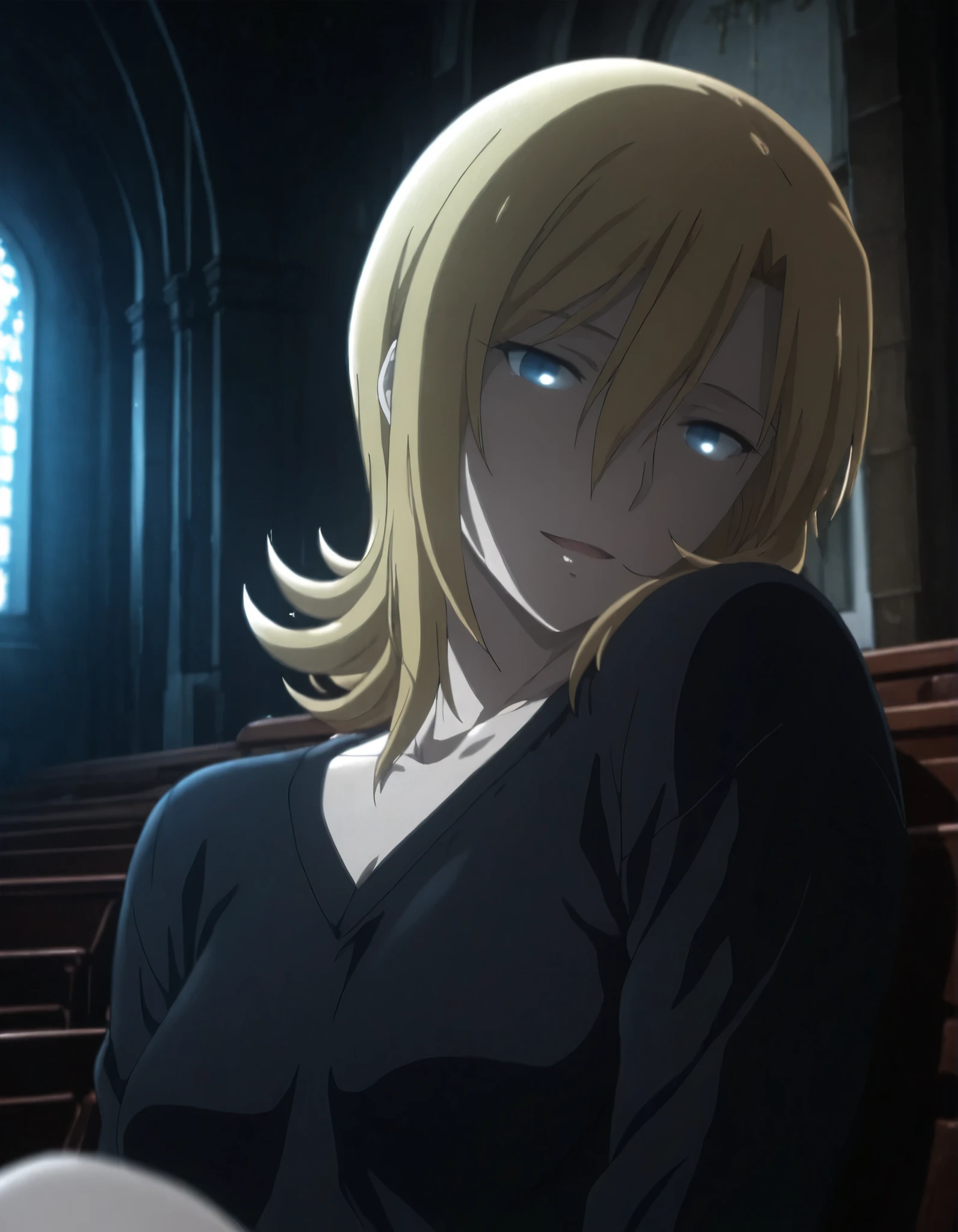 <lora:KnK_aozaki_toukoXLIllustrious001>,
masterpiece,best quality,good quality,newest, detailed face,
indoors, (church),  dark, ,
light smile, light open mouth,
looking at viewer,
solo,
anime coloring,
aozaki_touko\(kara_no_kyoukai\),1girl,(flipped hair), (blond hair), long bangs, wavy hair, medium hair, (marine blue eyes),(),,
((small breasts)), (aged up:1.2),
(black sweater, very loose fit sweater) ,head tilt, , ,
sitting,