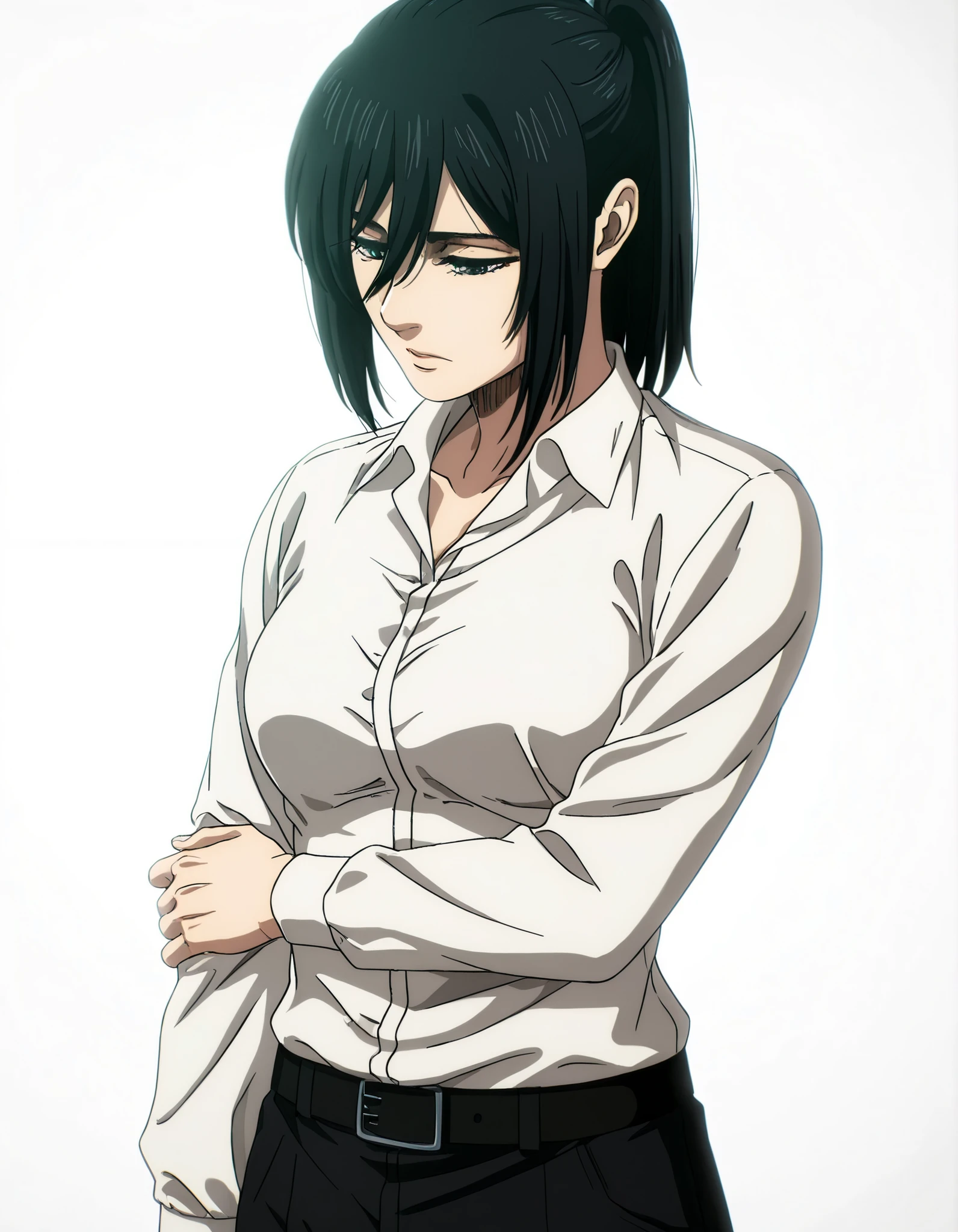 anime coloring, anime screencap, mikasa ackerman, 1girl, solo, medium hair, black hair, (high ponytail) ,looking down, closed mouth, white shirt, collared shirt, dress shirt, belt, black pants, standing, cowboy shot, holding own arm, white background, simple background, masterpiece, best quality, highres, very aesthetic, very awa, newest, amazing details, intricate details, ultra detailed