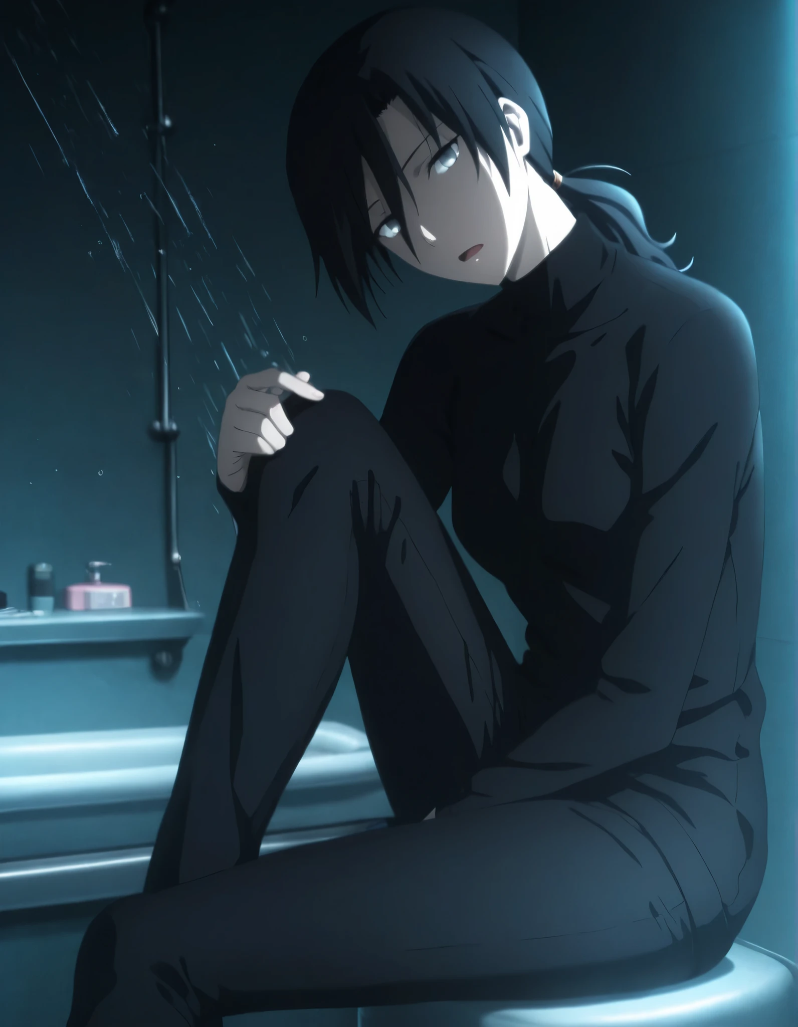 <lora:KnK_aozaki_toukoXLIllustrious001>,
masterpiece,best quality,good quality,newest, detailed face,
(shower room), ,dark ,
, light open mouth,
looking at viewer,
solo,
anime coloring,
aozaki_touko\(kara_no_kyoukai\),1girl, , (black hair), long bangs, long hair ,low ponytail ,(light gray eyes),(),,
(small breasts), (),
(big size black sweater, high neck sweater),long sleeve, dark pants, knee to chest, long legs ,head tilt, , ,
sitting,