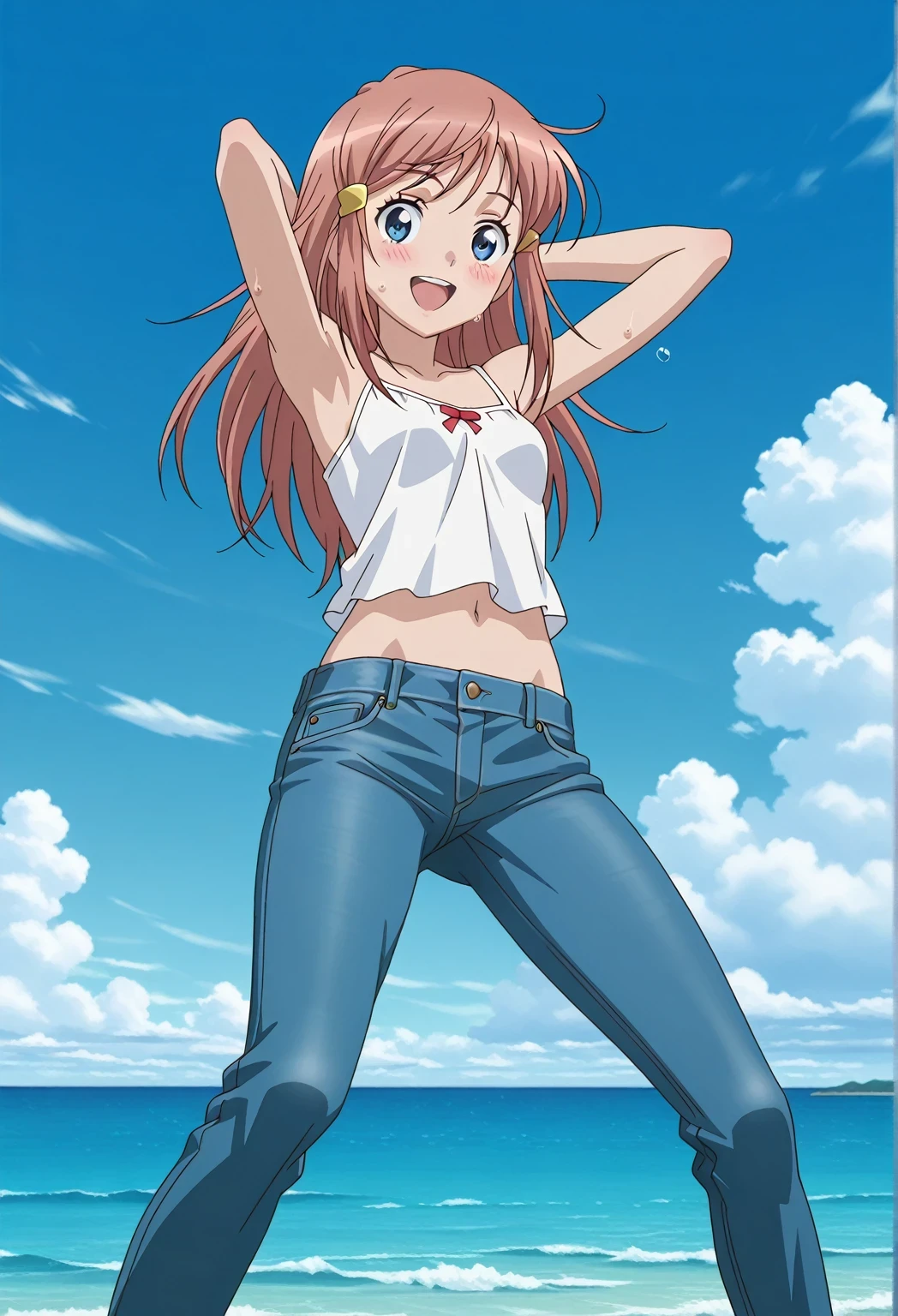 score_9, score_8_up, score_7_up, source_anime, highres, hi res, ((best quality, top quality, perfect quality, Highest Quality, amazing quality)), {{masterpiece}}, {{an extremely delicate and beautiful}}, 2d, intricate details, official style, anime, 8k, anime style, official_anime, official art, digital painting, cell shading, soft shading, high resolution, soothing tones, Subdued Color, Soft cinematic light, adobe lightroom, photolab, HDR, intricately and hyper-detailed, ((high quality animation)), 1 girl, Alone, solo, ((ocean)), tsunami, on the water, day, sunny, outdoors, sky, windy, kato_marika, brown hair, long hair, blue eyes, ((single golden hair ornament)), anime screencap, small breasts, white camisole top, crop top, white crop top, best quality, hyper-detailed jeans, ((blue jeans:1.9)), (dark blue jeans:0.6), full medium body, medium shot, Open mouth, smiling, happy face, blush, sweat, standing, ((arms behind head:6.0)), bowlegged, jumping pose, action, looking at viewer, spread legs, Bend knees slightly, straight-on front view