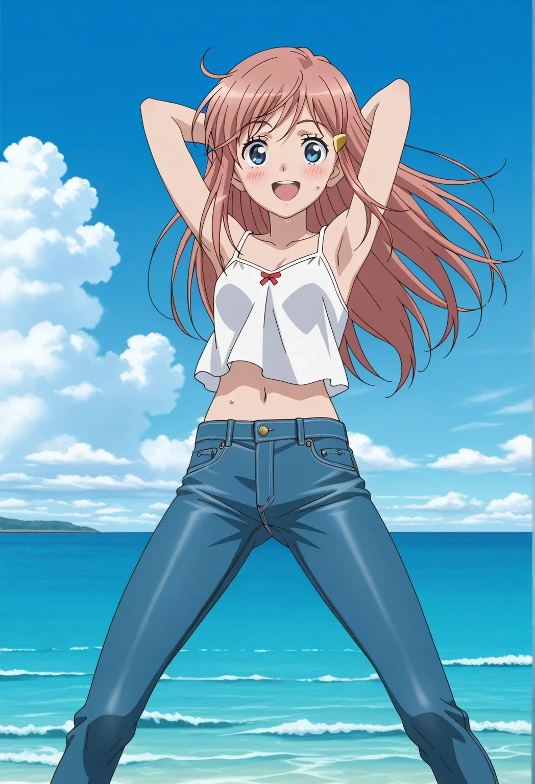 score_9, score_8_up, score_7_up, source_anime, highres, hi res, ((best quality, top quality, perfect quality, Highest Quality, amazing quality)), {{masterpiece}}, {{an extremely delicate and beautiful}}, 2d, intricate details, official style, anime, 8k, anime style, official_anime, official art, digital painting, cell shading, soft shading, high resolution, soothing tones, Subdued Color, Soft cinematic light, adobe lightroom, photolab, HDR, intricately and hyper-detailed, ((high quality animation)), 1 girl, Alone, solo, ((ocean)), tsunami, on the water, day, sunny, outdoors, sky, windy, kato_marika, brown hair, long hair, blue eyes, ((single golden hair ornament)), anime screencap, small breasts, white camisole top, crop top, white crop top, best quality, hyper-detailed jeans, ((blue jeans:1.9)), (dark blue jeans:0.6), full medium body, medium shot, Open mouth, smiling, happy face, blush, sweat, standing, ((arms behind head:6.0)), bowlegged, jumping pose, action, looking at viewer, spread legs, Bend knees slightly, straight-on front view