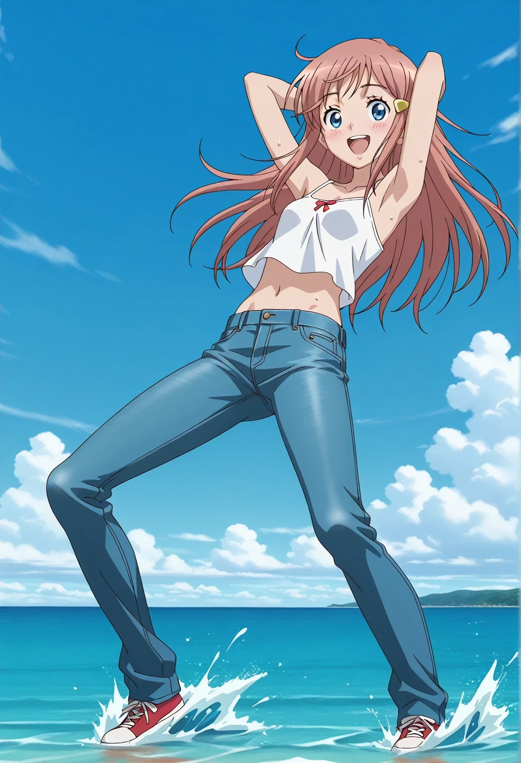 score_9, score_8_up, score_7_up, source_anime, highres, hi res, ((best quality, top quality, perfect quality, Highest Quality, amazing quality)), {{masterpiece}}, {{an extremely delicate and beautiful}}, 2d, intricate details, official style, anime, 8k, anime style, official_anime, official art, digital painting, cell shading, soft shading, high resolution, soothing tones, Subdued Color, Soft cinematic light, adobe lightroom, photolab, HDR, intricately and hyper-detailed, ((high quality animation)), 1 girl, Alone, solo, ((ocean)), tsunami, on the water, day, sunny, outdoors, sky, windy, kato_marika, brown hair, long hair, blue eyes, ((single golden hair ornament)), anime screencap, small breasts, white camisole top, crop top, white crop top, best quality, hyper-detailed jeans, ((blue jeans:1.9)), (dark blue jeans:0.6), full medium body, medium shot, Open mouth, smiling, happy face, blush, sweat, standing, ((arms behind head:6.0)), bowlegged, jumping pose, action, looking at viewer, spread legs, Bend knees slightly, straight-on front view
