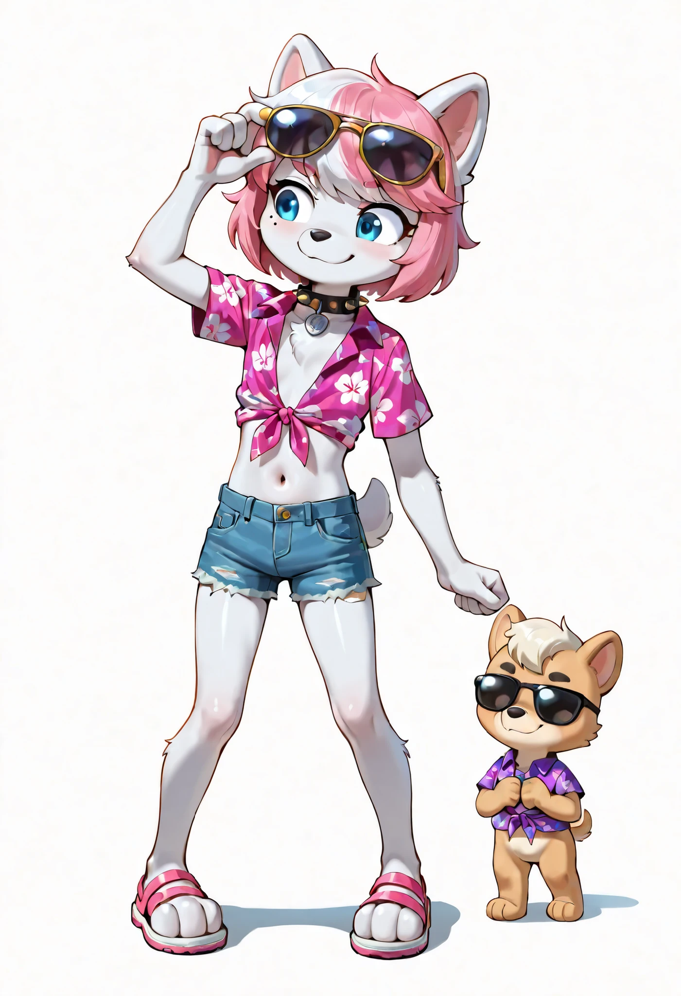 score_9, score_8_up, score_8, source_anime, source_furry, 1girl, solo, Roxi(PP), (solo), furry anthro, dog girl, samoyed, white fur, pink and white hair, bangs, short tail, blue eyes, mole on left cheek, cute face, 4 fingers, ((sunglasses on forehead, pink spiked collar, purple hawaiian shirt, short sleeves, tied shirt, midriff, denim shorts, sandals)), full body, feets with three toes, white background, confident face, skinny, short body, thin body, glistering body, shiny body, (very skinny:1.0), (Small, Short:1.1), (young cub:1.2), looking at you, standing, adjusting sunglasses with one hand, anime style, 2D, short stature,