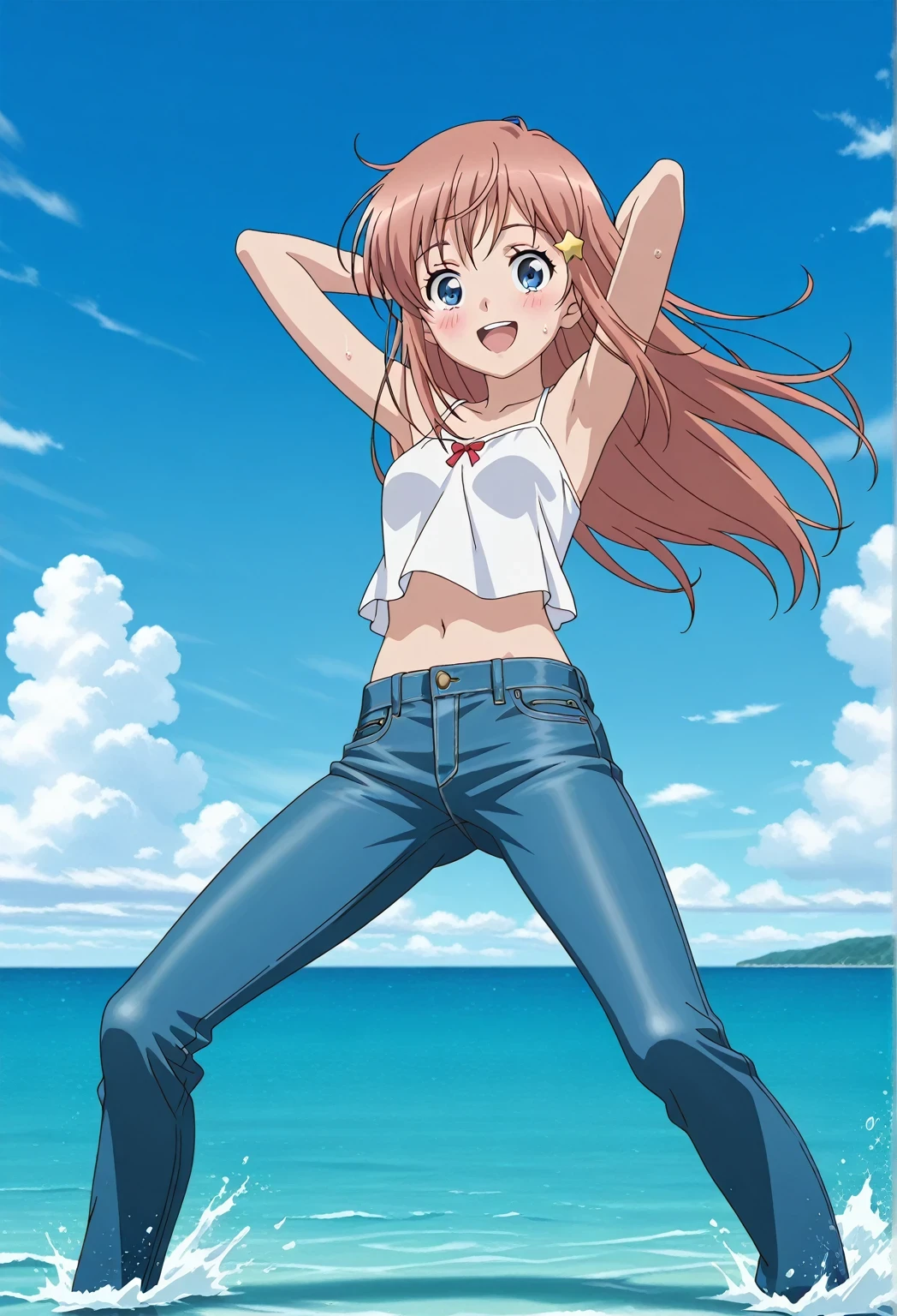 score_9, score_8_up, score_7_up, source_anime, highres, hi res, ((best quality, top quality, perfect quality, Highest Quality, amazing quality)), {{masterpiece}}, {{an extremely delicate and beautiful}}, 2d, intricate details, official style, anime, 8k, anime style, official_anime, official art, digital painting, cell shading, soft shading, high resolution, soothing tones, Subdued Color, Soft cinematic light, adobe lightroom, photolab, HDR, intricately and hyper-detailed, ((high quality animation)), 1 girl, Alone, solo, ((ocean)), tsunami, on the water, day, sunny, outdoors, sky, windy, kato_marika, brown hair, long hair, blue eyes, ((single golden hair ornament)), anime screencap, small breasts, white camisole top, crop top, white crop top, best quality, hyper-detailed jeans, ((blue jeans:1.9)), (dark blue jeans:0.6), full medium body, medium shot, Open mouth, smiling, happy face, blush, sweat, standing, ((arms behind head:6.0)), bowlegged, jumping pose, action, looking at viewer, spread legs, Bend knees slightly, straight-on front view