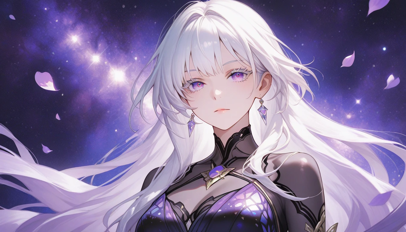 High Detail, Very detailed, Ultra-high resolution, White hair，Purple Eyes，A girl having a good time in a fantasy galaxy, Surrounded by stars, The warm light shines on her, Background is starry sky，There are colorful galaxies and galaxy clouds, The stars fly around her, Delicate face, Add playfulness , 