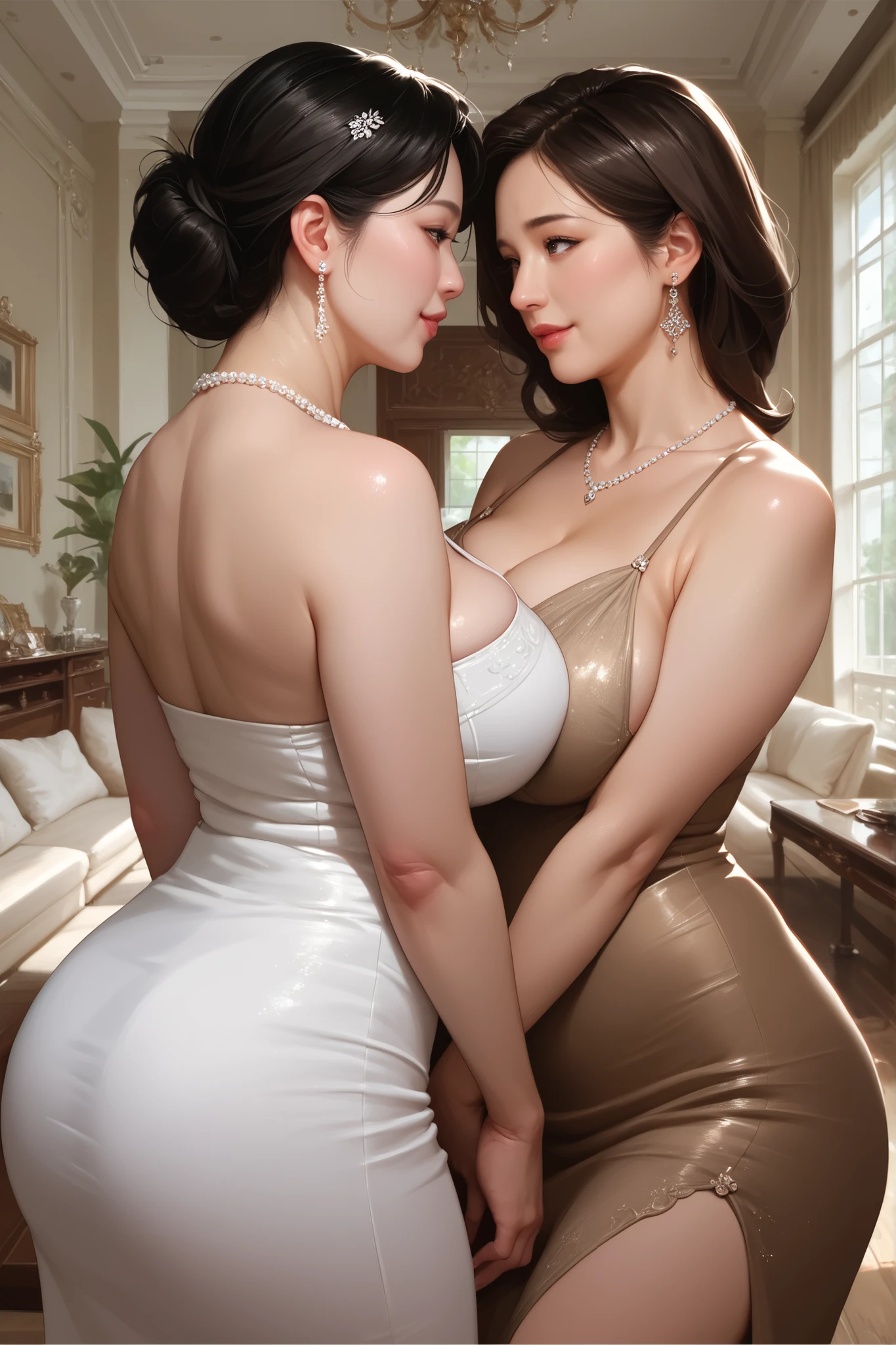 Two Korean Mature Women with Big Breasts. mature face. slightly plump body. Each has black hair, brown hair. dress. Two women are looking at each other. Mansion living room background. Realistic picture quality .