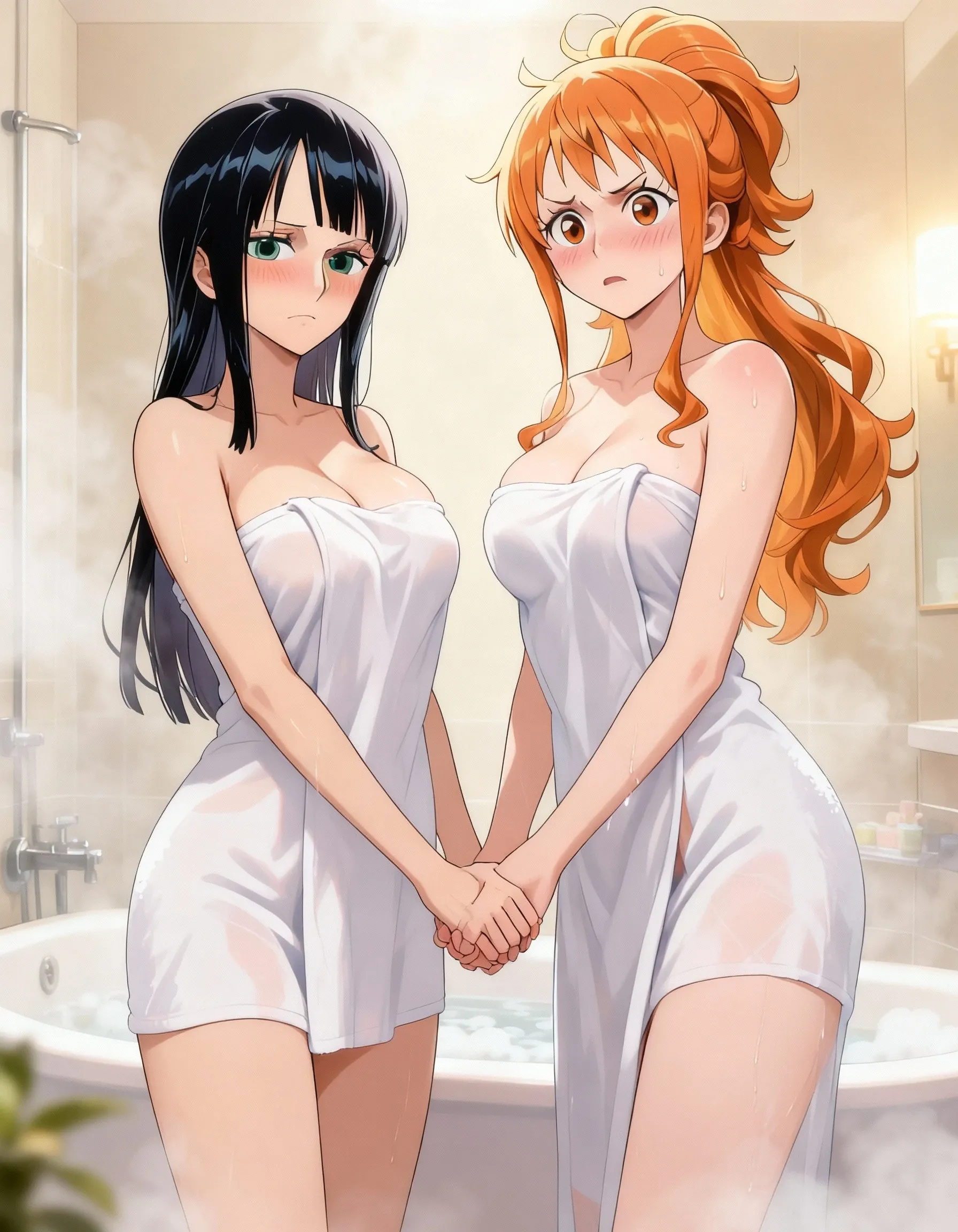 Body position: Standing, straight, symmetrical, barefoot,  smile on face with red blush, 2 girls who gets married and stands in front of many people, kissing