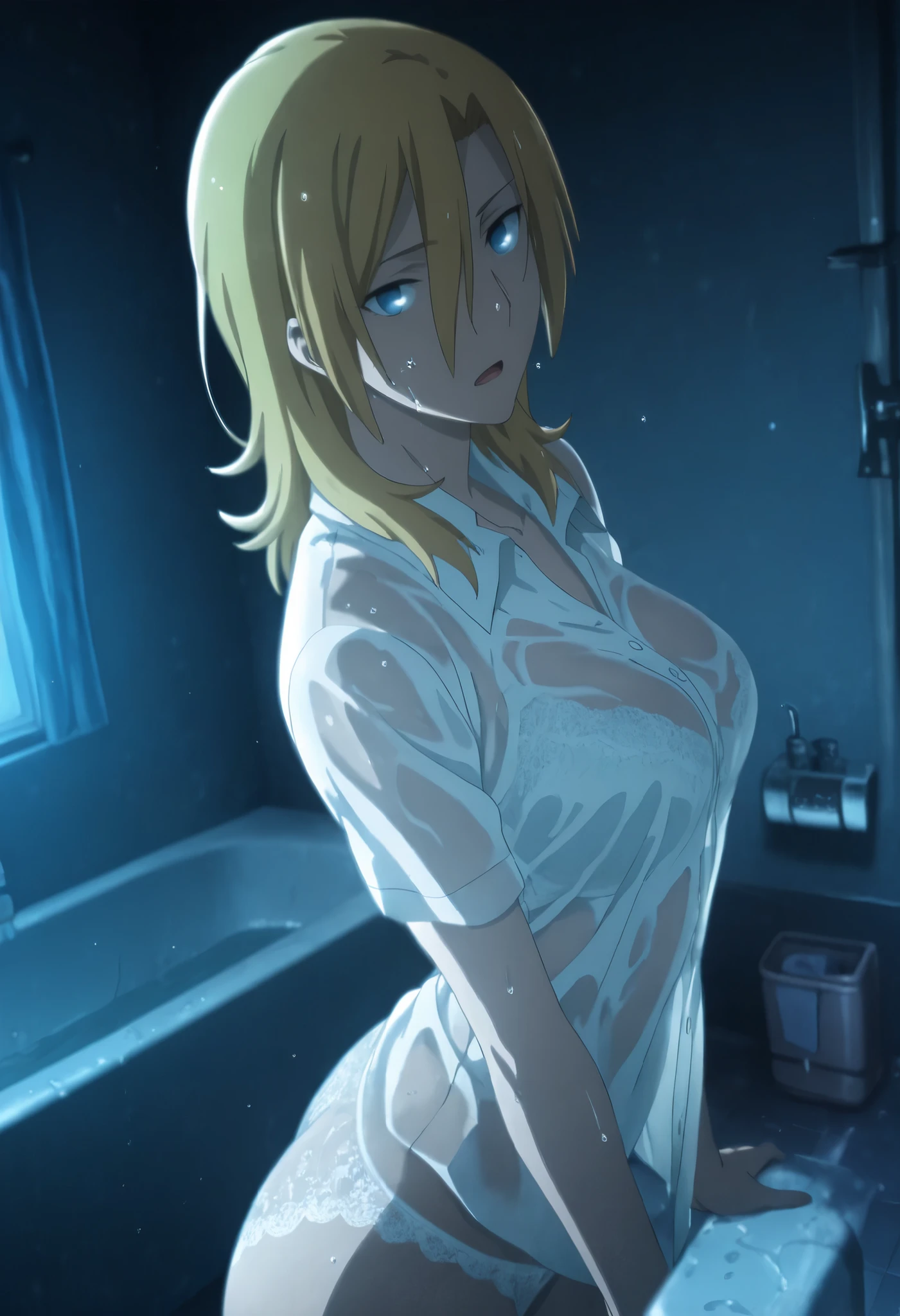 <lora:KnK_aozaki_toukoXLIllustrious001>,
masterpiece,best quality,good quality,newest, detailed face,
indoors, (bath room),  dark, dawn, ,
light open mouth,
looking at viewer,
solo,
anime coloring,
aozaki_touko\(kara_no_kyoukai\),1girl, flipped hair, (blond hair), long bangs, wavy hair, medium hair, (marine blue eyes),(),,
medium breasts, (aged up:1.2),
(wet white shirt ,see-through ,), bra, lace panties ,
arched back,