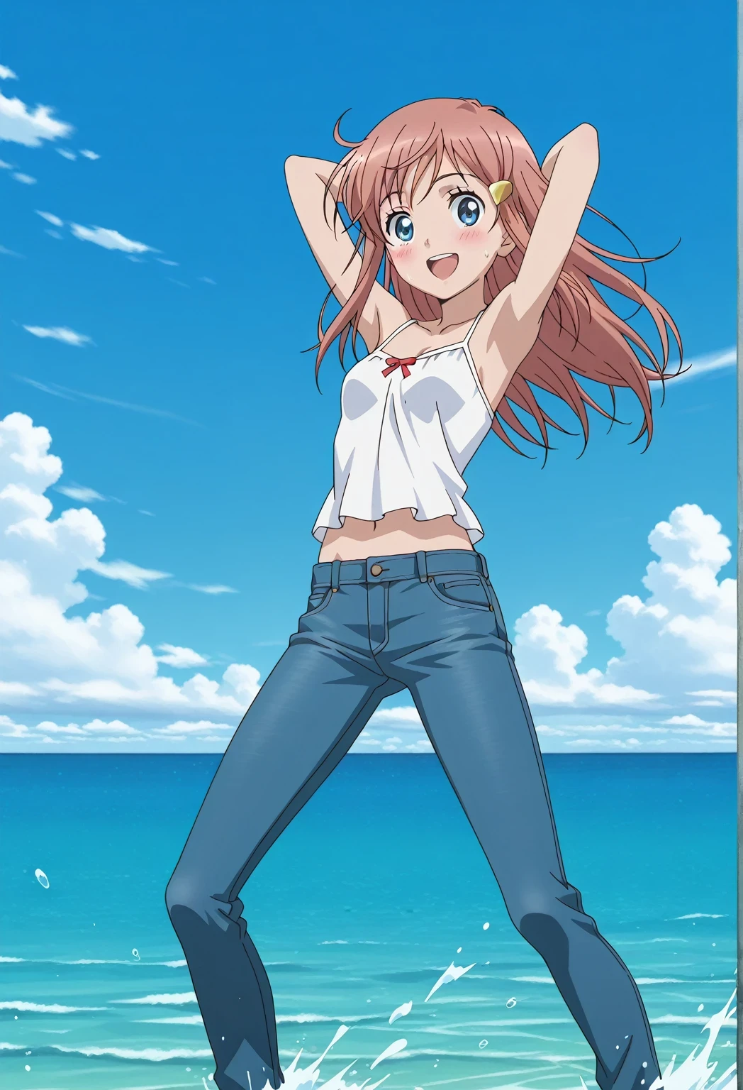 score_9, score_8_up, score_7_up, source_anime, highres, hi res, ((best quality, top quality, perfect quality, Highest Quality, amazing quality)), {{masterpiece}}, {{an extremely delicate and beautiful}}, 2d, intricate details, official style, anime, 8k, anime style, official_anime, official art, digital painting, cell shading, soft shading, high resolution, soothing tones, Subdued Color, Soft cinematic light, adobe lightroom, photolab, HDR, intricately and hyper-detailed, ((high quality animation)), 1 girl, Alone, solo, ((ocean)), tsunami, on the water, day, sunny, outdoors, sky, windy, kato_marika, brown hair, long hair, blue eyes, ((single golden hair ornament)), anime screencap, small breasts, white camisole top, crop top, white crop top, best quality, hyper-detailed jeans, ((blue jeans:1.9)), (dark blue jeans:0.6), full medium body, medium shot, Open mouth, smiling, happy face, blush, sweat, standing, ((arms behind head:6.0)), bowlegged, jumping pose, action, looking at viewer, spread legs, Bend knees slightly, straight-on front view