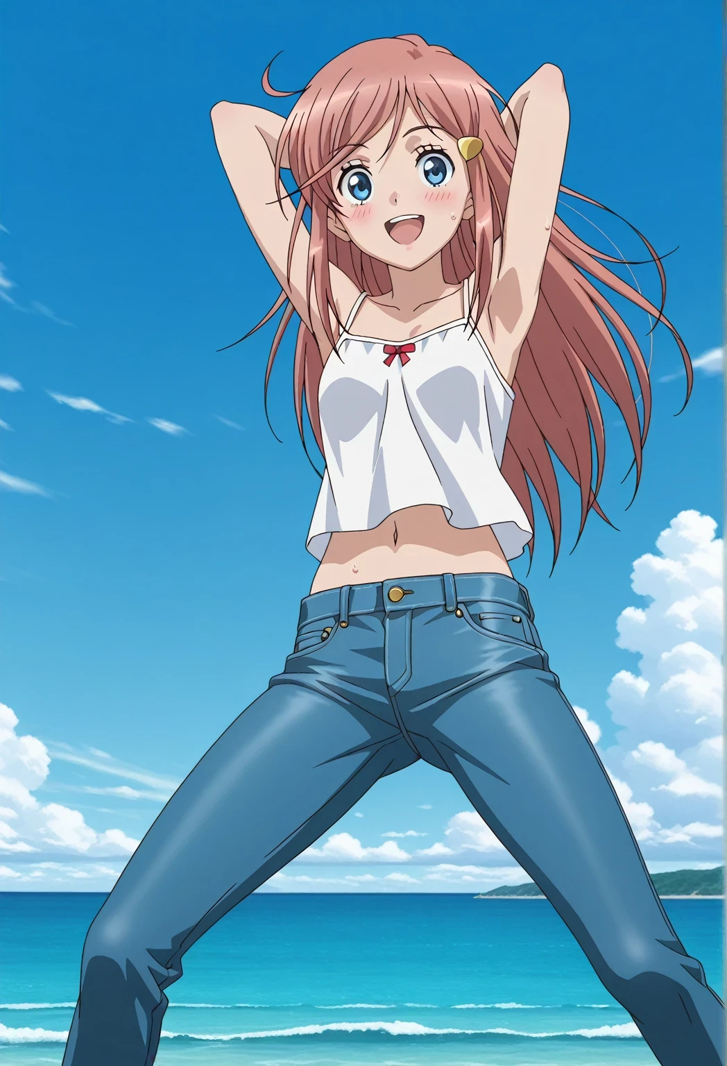 score_9, score_8_up, score_7_up, source_anime, highres, hi res, ((best quality, top quality, perfect quality, Highest Quality, amazing quality)), {{masterpiece}}, {{an extremely delicate and beautiful}}, 2d, intricate details, official style, anime, 8k, anime style, official_anime, official art, digital painting, cell shading, soft shading, high resolution, soothing tones, Subdued Color, Soft cinematic light, adobe lightroom, photolab, HDR, intricately and hyper-detailed, ((high quality animation)), 1 girl, Alone, solo, ((ocean)), tsunami, on the water, day, sunny, outdoors, sky, windy, kato_marika, brown hair, long hair, blue eyes, ((single golden hair ornament)), anime screencap, small breasts, white camisole top, crop top, white crop top, best quality, hyper-detailed jeans, ((blue jeans:1.9)), (dark blue jeans:0.6), full medium body, medium shot, Open mouth, smiling, happy face, blush, sweat, standing, ((arms behind head:6.0)), bowlegged, jumping pose, action, looking at viewer, spread legs, Bend knees slightly, straight-on front view