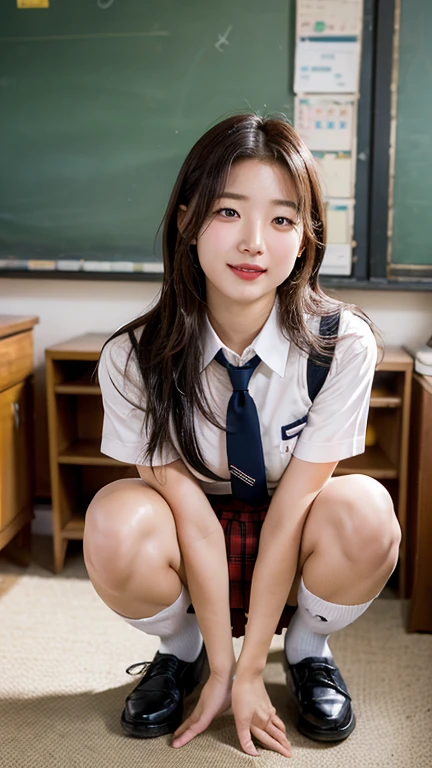 arafed asian woman in a short skirt and bow tie, half squat on a train, cute schoolgirl, japanese girl school uniform, wearing japanese school uniform, japanese school uniform, a hyperrealistic schoolgirl, dressed as schoolgirl, hyperrealistic schoolgirl, wearing school uniform, realistic schoolgirl, girl wearing uniform, wearing a school uniform, of a schoolgirl posing, full body, nice skin, glowing skin, nice thighs,glowing thighs, glowing legs