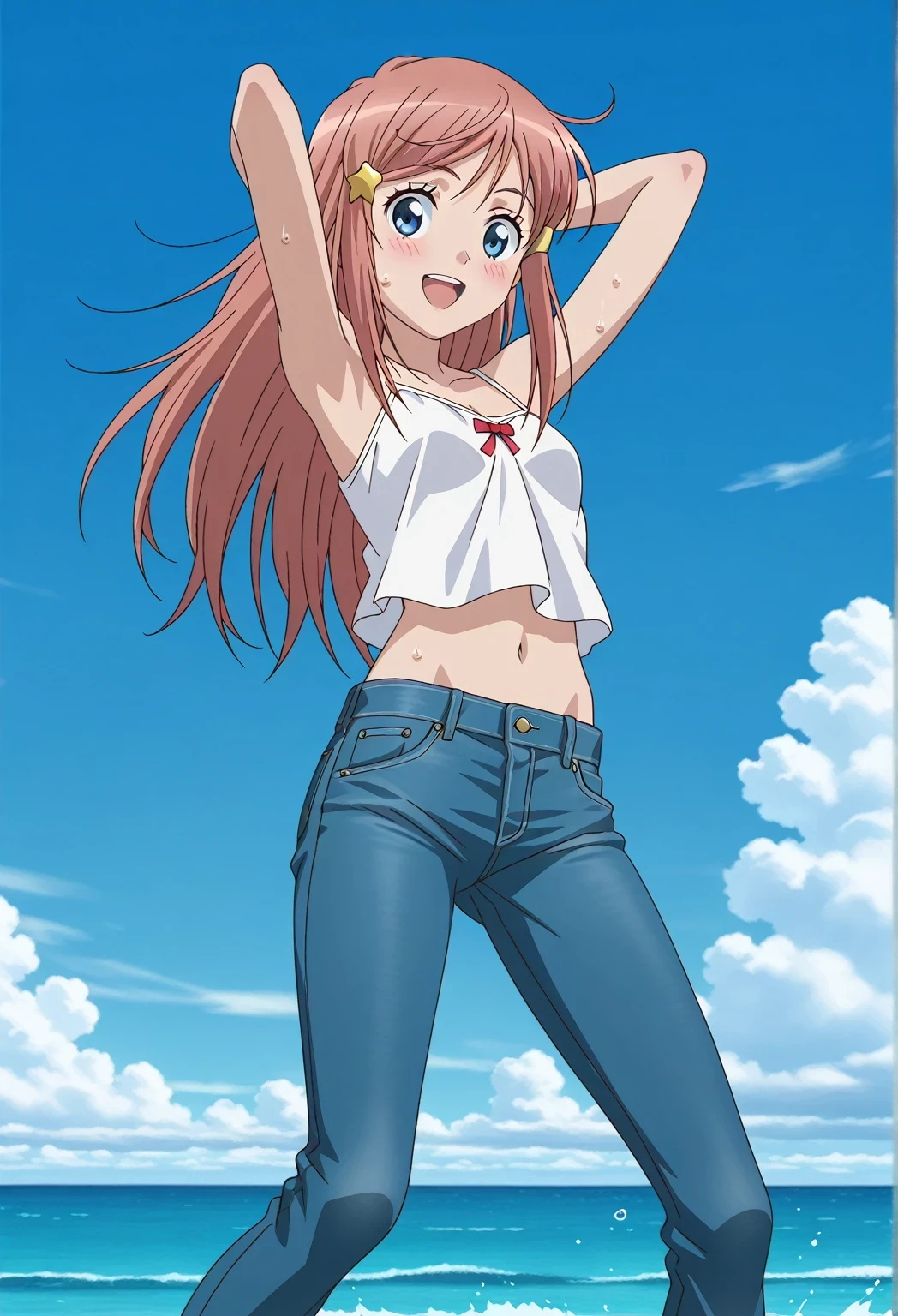 score_9, score_8_up, score_7_up, source_anime, highres, hi res, ((best quality, top quality, perfect quality, Highest Quality, amazing quality)), {{masterpiece}}, {{an extremely delicate and beautiful}}, 2d, intricate details, official style, anime, 8k, anime style, official_anime, official art, digital painting, cell shading, soft shading, high resolution, soothing tones, Subdued Color, Soft cinematic light, adobe lightroom, photolab, HDR, intricately and hyper-detailed, ((high quality animation)), 1 girl, Alone, solo, ((ocean)), tsunami, on the water, day, sunny, outdoors, sky, windy, kato_marika, brown hair, long hair, blue eyes, ((single golden hair ornament)), anime screencap, small breasts, white camisole top, crop top, white crop top, best quality, hyper-detailed jeans, ((blue jeans:1.9)), (dark blue jeans:0.6), full medium body, medium shot, Open mouth, smiling, happy face, blush, sweat, standing, ((arms behind head:6.0)), bowlegged, jumping pose, action, looking at viewer, spread legs, Bend knees slightly, straight-on front view