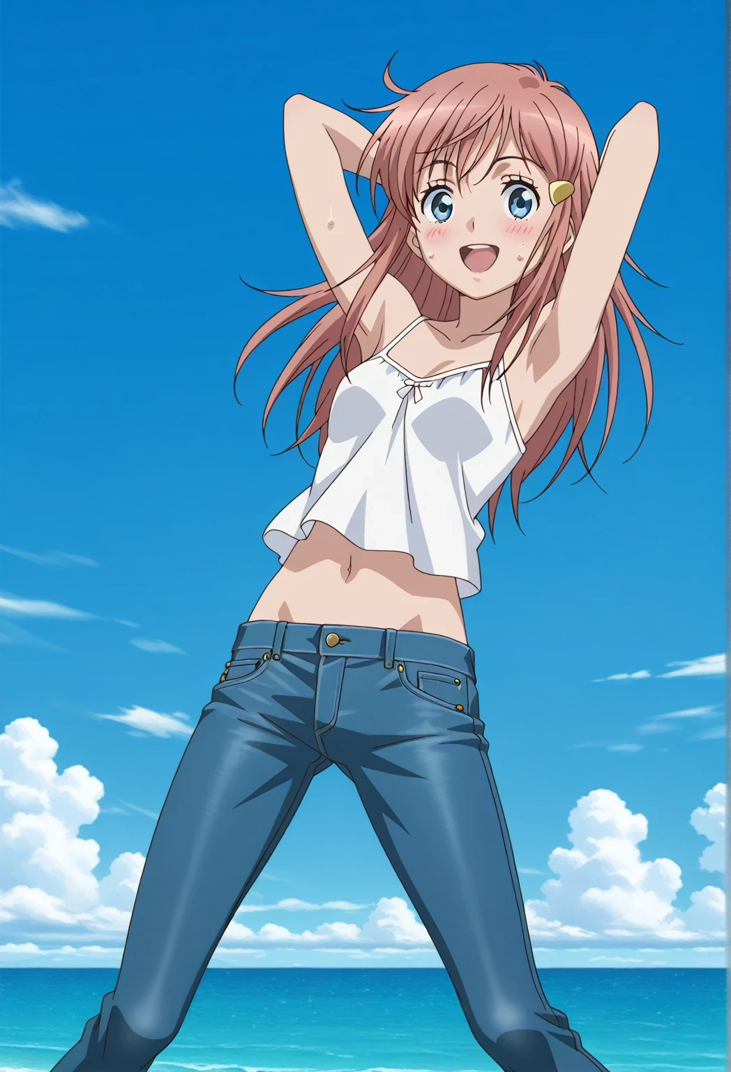 score_9, score_8_up, score_7_up, source_anime, highres, hi res, ((best quality, top quality, perfect quality, Highest Quality, amazing quality)), {{masterpiece}}, {{an extremely delicate and beautiful}}, 2d, intricate details, official style, anime, 8k, anime style, official_anime, official art, digital painting, cell shading, soft shading, high resolution, soothing tones, Subdued Color, Soft cinematic light, adobe lightroom, photolab, HDR, intricately and hyper-detailed, ((high quality animation)), 1 girl, Alone, solo, ((ocean)), tsunami, on the water, day, sunny, outdoors, sky, windy, kato_marika, brown hair, long hair, blue eyes, ((single golden hair ornament)), anime screencap, small breasts, white camisole top, crop top, white crop top, best quality, hyper-detailed jeans, ((blue jeans:1.9)), (dark blue jeans:0.6), full medium body, medium shot, Open mouth, smiling, happy face, blush, sweat, standing, ((arms behind head:6.0)), bowlegged, jumping pose, action, looking at viewer, spread legs, Bend knees slightly, straight-on front view