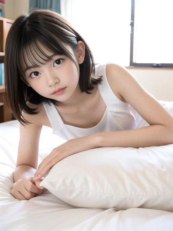 One girl, Fluffy short hair,Black Hair,smile, Pink Tank Top,Bed,Lying on your back,Raise your arms,The whole body is visible,Big eyes,Innocence,5th grade elementary school,Look here,Small swelling in chest,, (masterpiece, Highest quality), Soft Light, Structure of the film, Like a movie
