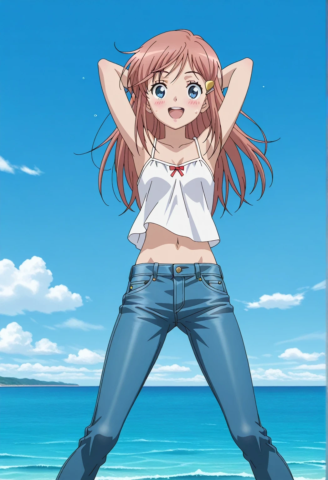 score_9, score_8_up, score_7_up, source_anime, highres, hi res, ((best quality, top quality, perfect quality, Highest Quality, amazing quality)), {{masterpiece}}, {{an extremely delicate and beautiful}}, 2d, intricate details, official style, anime, 8k, anime style, official_anime, official art, digital painting, cell shading, soft shading, high resolution, soothing tones, Subdued Color, Soft cinematic light, adobe lightroom, photolab, HDR, intricately and hyper-detailed, ((high quality animation)), 1 girl, Alone, solo, ((ocean)), tsunami, on the water, day, sunny, outdoors, sky, windy, kato_marika, brown hair, long hair, blue eyes, ((single golden hair ornament)), anime screencap, small breasts, white camisole top, crop top, white crop top, best quality, hyper-detailed jeans, ((blue jeans:1.9)), (dark blue jeans:0.6), full medium body, medium shot, Open mouth, smiling, happy face, blush, sweat, standing, ((arms behind head:6.0)), bowlegged, jumping pose, action, looking at viewer, spread legs, Bend knees slightly, straight-on front view