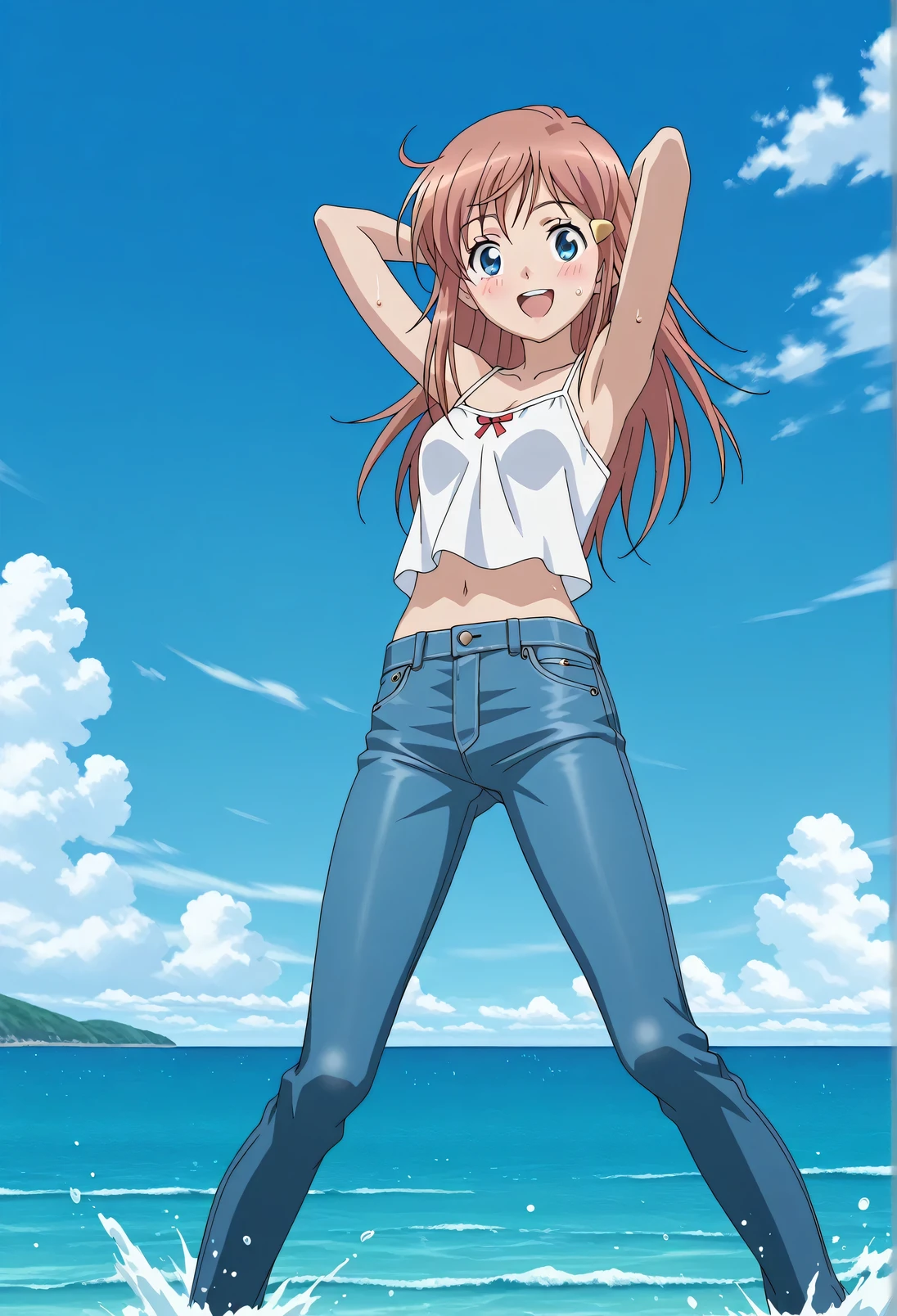 score_9, score_8_up, score_7_up, source_anime, highres, hi res, ((best quality, top quality, perfect quality, Highest Quality, amazing quality)), {{masterpiece}}, {{an extremely delicate and beautiful}}, 2d, intricate details, official style, anime, 8k, anime style, official_anime, official art, digital painting, cell shading, soft shading, high resolution, soothing tones, Subdued Color, Soft cinematic light, adobe lightroom, photolab, HDR, intricately and hyper-detailed, ((high quality animation)), 1 girl, Alone, solo, ((ocean)), tsunami, on the water, day, sunny, outdoors, sky, windy, kato_marika, brown hair, long hair, blue eyes, ((single golden hair ornament)), anime screencap, small breasts, white camisole top, crop top, white crop top, best quality, hyper-detailed jeans, ((blue jeans:1.9)), (dark blue jeans:0.6), full medium body, medium shot, Open mouth, smiling, happy face, blush, sweat, standing, ((arms behind head:6.0)), bowlegged, jumping pose, action, looking at viewer, spread legs, Bend knees slightly, straight-on front view