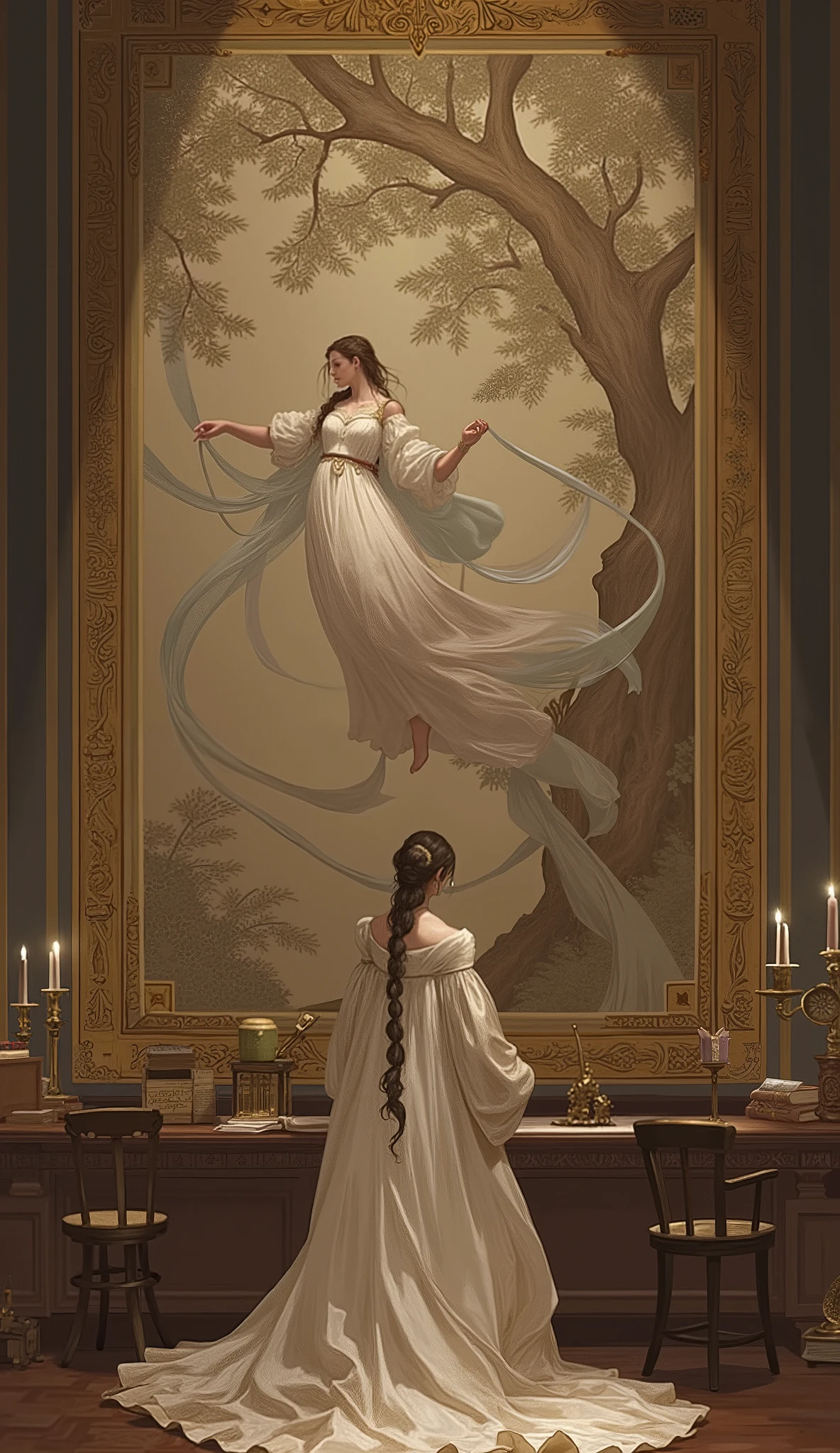  a woman elegantly dressed in a flowing, traditional gown (specify style: e.g., Renaissance, Medieval, Fantasy, or describe). She is standing in a (Grand Hall / Library / Museum Gallery - choose one) adorned with a large, intricate tapestry depicting a scene of a woman in a similar dress floating gracefully amidst a tree with branches that resemble flowing ribbons.  The woman in the foreground appears to be gazing at the tapestry with a sense of (Reverence / Admiration / Curiosity / Longing - choose one). The hall is furnished with wooden tables and chairs (specify style: e.g., antique, simple, ornate), and there are various items such as books, a candle, and a small box, adding to the atmosphere of a serene and contemplative space. The overall scene exudes a sense of timeless beauty and cultural richness.