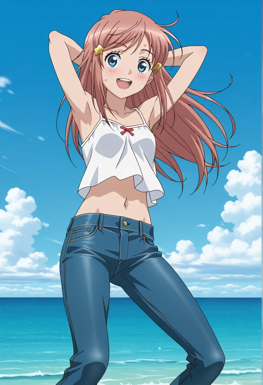 score_9, score_8_up, score_7_up, source_anime, highres, hi res, ((best quality, top quality, perfect quality, Highest Quality, amazing quality)), {{masterpiece}}, {{an extremely delicate and beautiful}}, 2d, intricate details, official style, anime, 8k, anime style, official_anime, official art, digital painting, cell shading, soft shading, high resolution, soothing tones, Subdued Color, Soft cinematic light, adobe lightroom, photolab, HDR, intricately and hyper-detailed, ((high quality animation)), 1 girl, Alone, solo, ((ocean)), tsunami, on the water, day, sunny, outdoors, sky, windy, kato_marika, brown hair, long hair, blue eyes, ((single golden hair ornament)), anime screencap, small breasts, white camisole top, crop top, white crop top, best quality, hyper-detailed jeans, ((blue jeans:1.9)), (dark blue jeans:0.6), full medium body, medium shot, Open mouth, smiling, happy face, blush, sweat, standing, ((arms behind head:6.0)), bowlegged, jumping pose, action, looking at viewer, spread legs, Bend knees slightly, straight-on front view