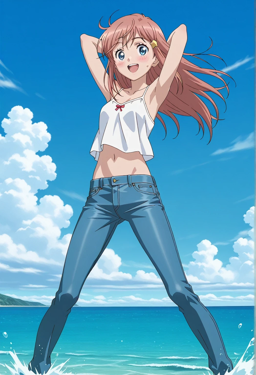 score_9, score_8_up, score_7_up, source_anime, highres, hi res, ((best quality, top quality, perfect quality, Highest Quality, amazing quality)), {{masterpiece}}, {{an extremely delicate and beautiful}}, 2d, intricate details, official style, anime, 8k, anime style, official_anime, official art, digital painting, cell shading, soft shading, high resolution, soothing tones, Subdued Color, Soft cinematic light, adobe lightroom, photolab, HDR, intricately and hyper-detailed, ((high quality animation)), 1 girl, Alone, solo, ((ocean)), tsunami, on the water, day, sunny, outdoors, sky, windy, kato_marika, brown hair, long hair, blue eyes, ((single golden hair ornament)), anime screencap, small breasts, white camisole top, crop top, white crop top, best quality, hyper-detailed jeans, ((blue jeans:1.9)), (dark blue jeans:0.6), full medium body, medium shot, Open mouth, smiling, happy face, blush, sweat, standing, ((arms behind head:6.0)), bowlegged, jumping pose, action, looking at viewer, spread legs, Bend knees slightly, straight-on front view