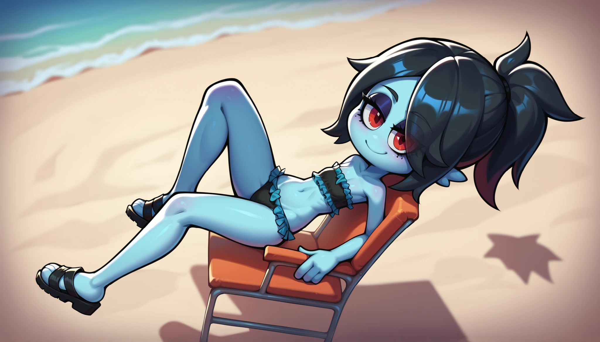 score_9, score_8_up, score_7_up, source_anime, 1girl, solo, monster girl, deep black hair, spiky pointed bangs, pointed spiky topknot ponytail, red eyes, narrowed eyes, hair covering one eye, grey skin, four fingers, makeup, eyeshadows, ((black bundeau strapless frilly bikini, sandals)), naughty expression, shiny skin, full body, feets with three toes, finn ears, cute, oily skin, smile, shy, cute pose, sexy, anime style, thick outline, countershading, anime style, slender body, short body, 2D animation, noseless, looking at you, beach on background, emo, goth, lay on beach chair, one leg up, 
