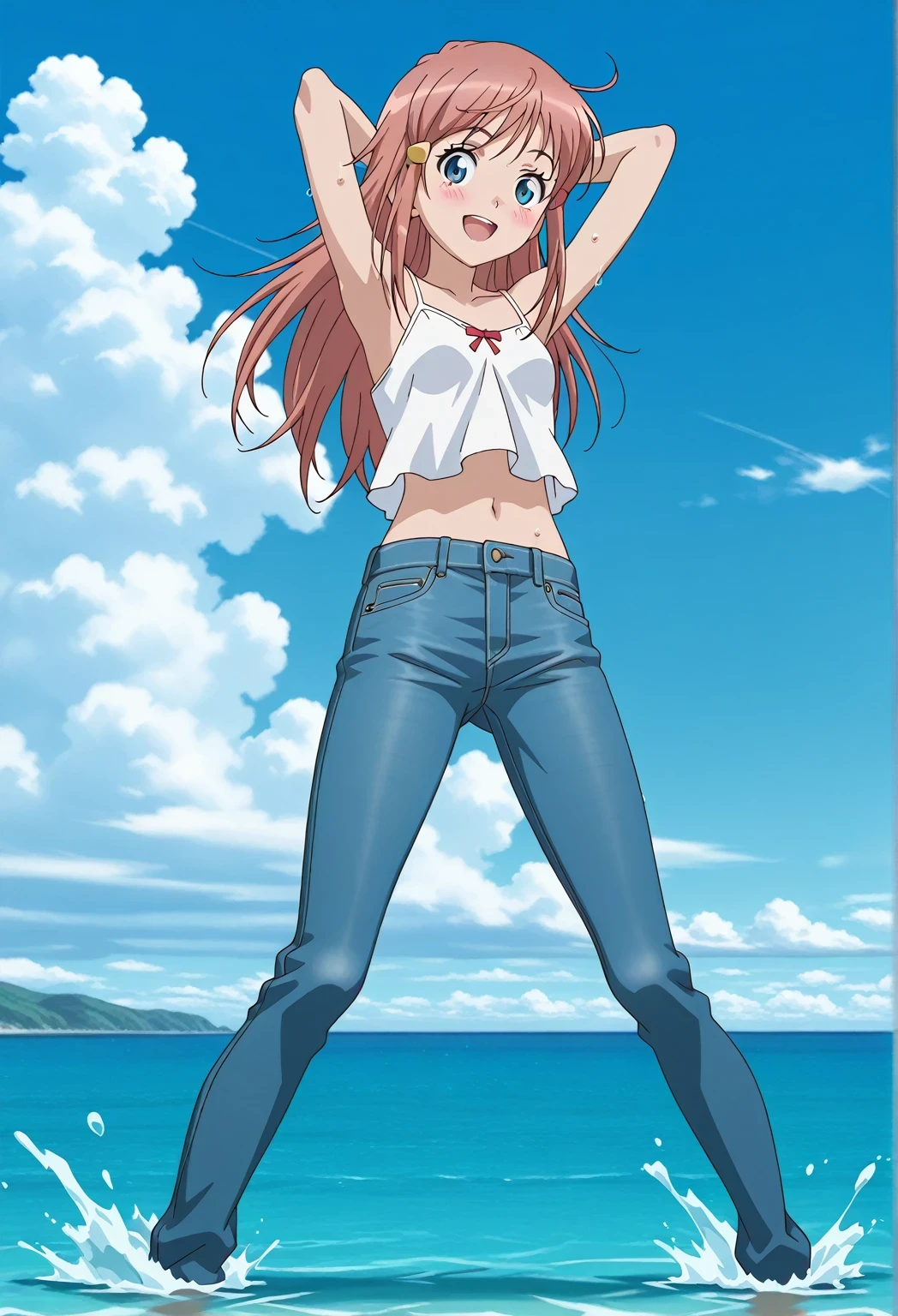 score_9, score_8_up, score_7_up, source_anime, highres, hi res, ((best quality, top quality, perfect quality, Highest Quality, amazing quality)), {{masterpiece}}, {{an extremely delicate and beautiful}}, 2d, intricate details, official style, anime, 8k, anime style, official_anime, official art, digital painting, cell shading, soft shading, high resolution, soothing tones, Subdued Color, Soft cinematic light, adobe lightroom, photolab, HDR, intricately and hyper-detailed, ((high quality animation)), 1 girl, Alone, solo, ((ocean)), tsunami, on the water, day, sunny, outdoors, sky, windy, kato_marika, brown hair, long hair, blue eyes, ((single golden hair ornament)), anime screencap, small breasts, white camisole top, crop top, white crop top, best quality, hyper-detailed jeans, ((blue jeans:1.9)), (dark blue jeans:0.6), full medium body, medium shot, Open mouth, smiling, happy face, blush, sweat, standing, ((arms behind head:6.0)), bowlegged, jumping pose, action, looking at viewer, spread legs, Bend knees slightly, straight-on front view