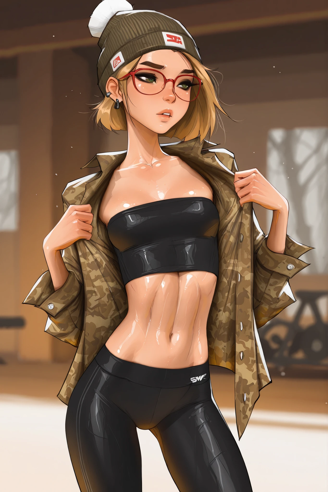 red rimmed glasses, short hair, green eyes, blonde hair, masterpiece, best quality, very aesthetic, movie quality, depth of field,soft saturation, focused subject, ,official style, shiny skin, 1girl, dark eyeliner, high top beanie, (darcy redd), shirow masamune,  sam yang style,  oily skin,  1girl, small ,  wavy brown hair, unbuttoned camouflage shirt, tube top, yoga pants, tall girl, long abdomen, ear piercings, big eyelashes