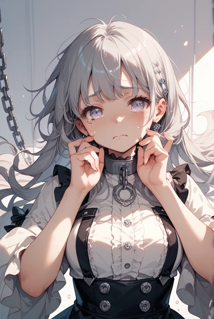 (masterpiece, best quality:1.5), (ultra detailed, high resolution, 8k, beautiful detailed, UHD, best ), 1 cute girl, white hair, medium breasts, got a hair band in his mouth, Hair is gathered by hand to the back of the head