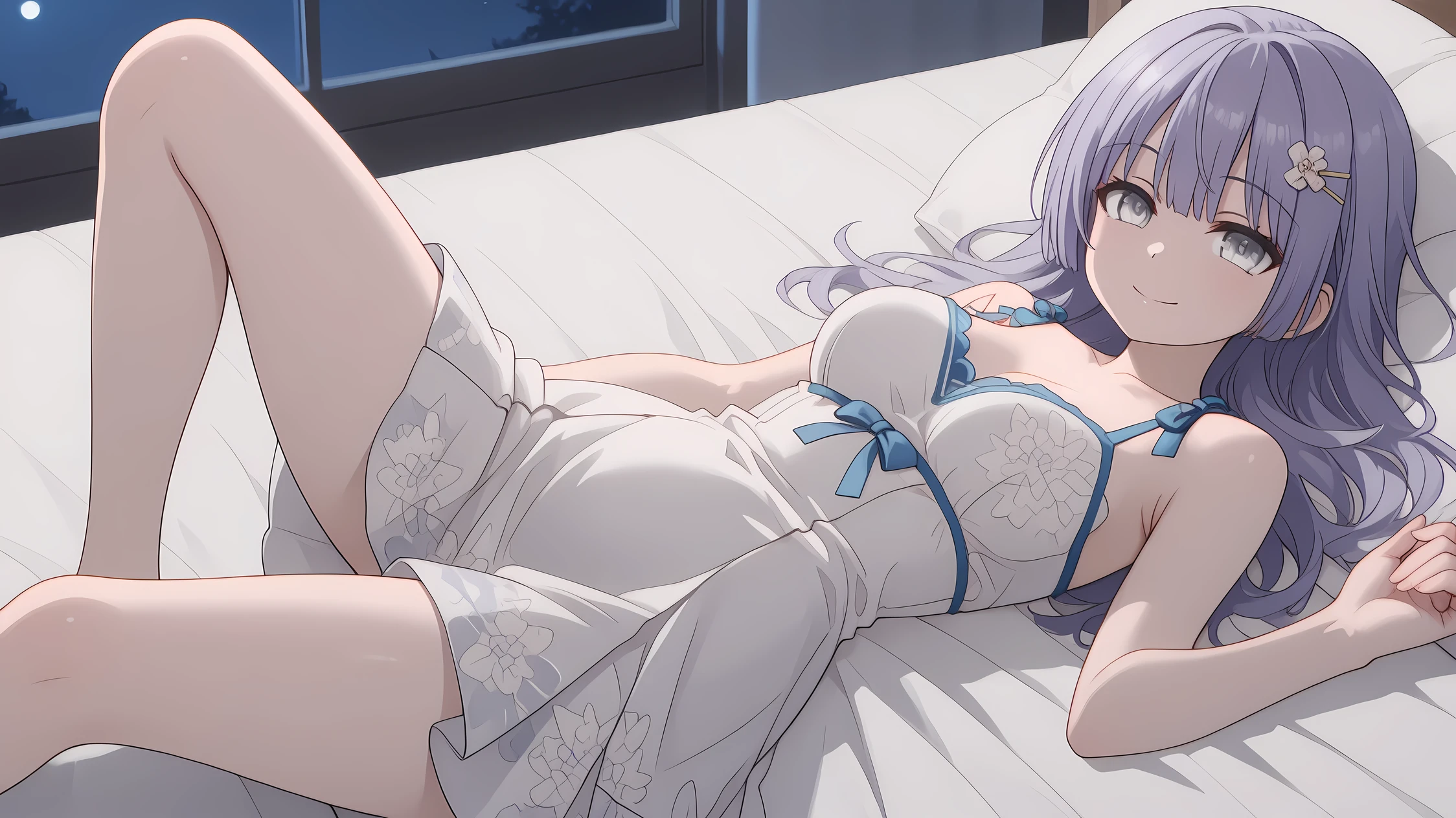 very awa, (vivid colors), detailed eyes, shining eyes, masterpiece, best quality, ultra-detailed, (8k), (hdr), (ultra-detailed), absurdres, looking at viewer, solo, 1girl, girl, Miku Izayoi, indoors, ((lying on bed)) , night , (legs spread wide open), breast size, B94/W63/H88 ,smile, aamiku, purple hair, silver, eyes, mikuschool, hairclip, silver eyes, (( Dress light green)) , ((dress has a patterns,))(see sexy underwear)(white) anime coloring, ((Lane sideways on bed )) , ((Middle shot))