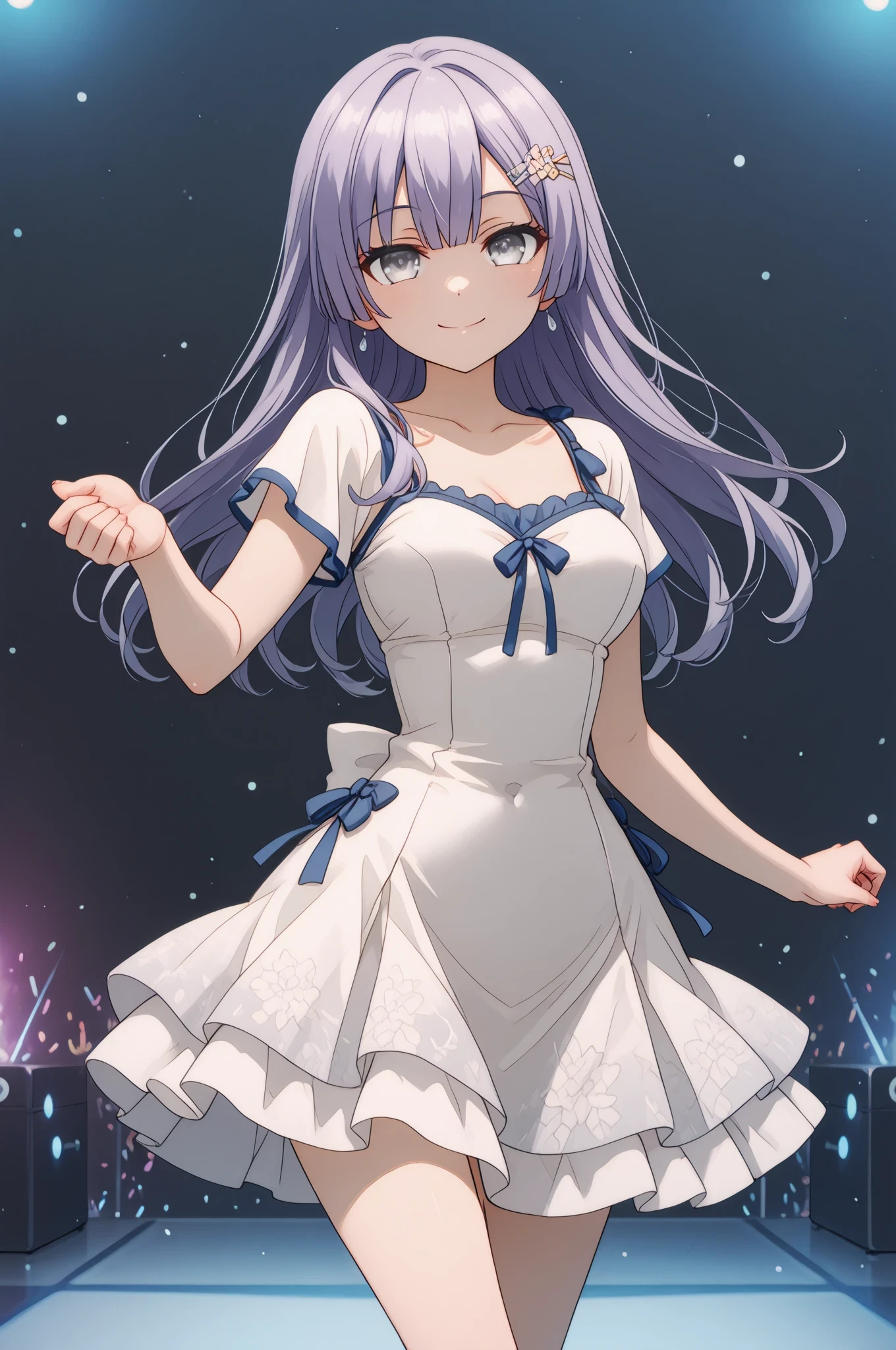 very awa, (vivid colors), detailed eyes, shining eyes, masterpiece, best quality, ultra-detailed, (8k), (hdr), (ultra-detailed), absurdres, looking at viewer, solo, 1girl, girl, indoors, dance clubs, night , smile, aamiku, purple hair, silver, eyes, mikuschool, hairclip, silver eyes,Traditional Chinese , pink, Dress , dress has a patterns, anime coloring, ((Dancing stage, dancing , Middle shot))