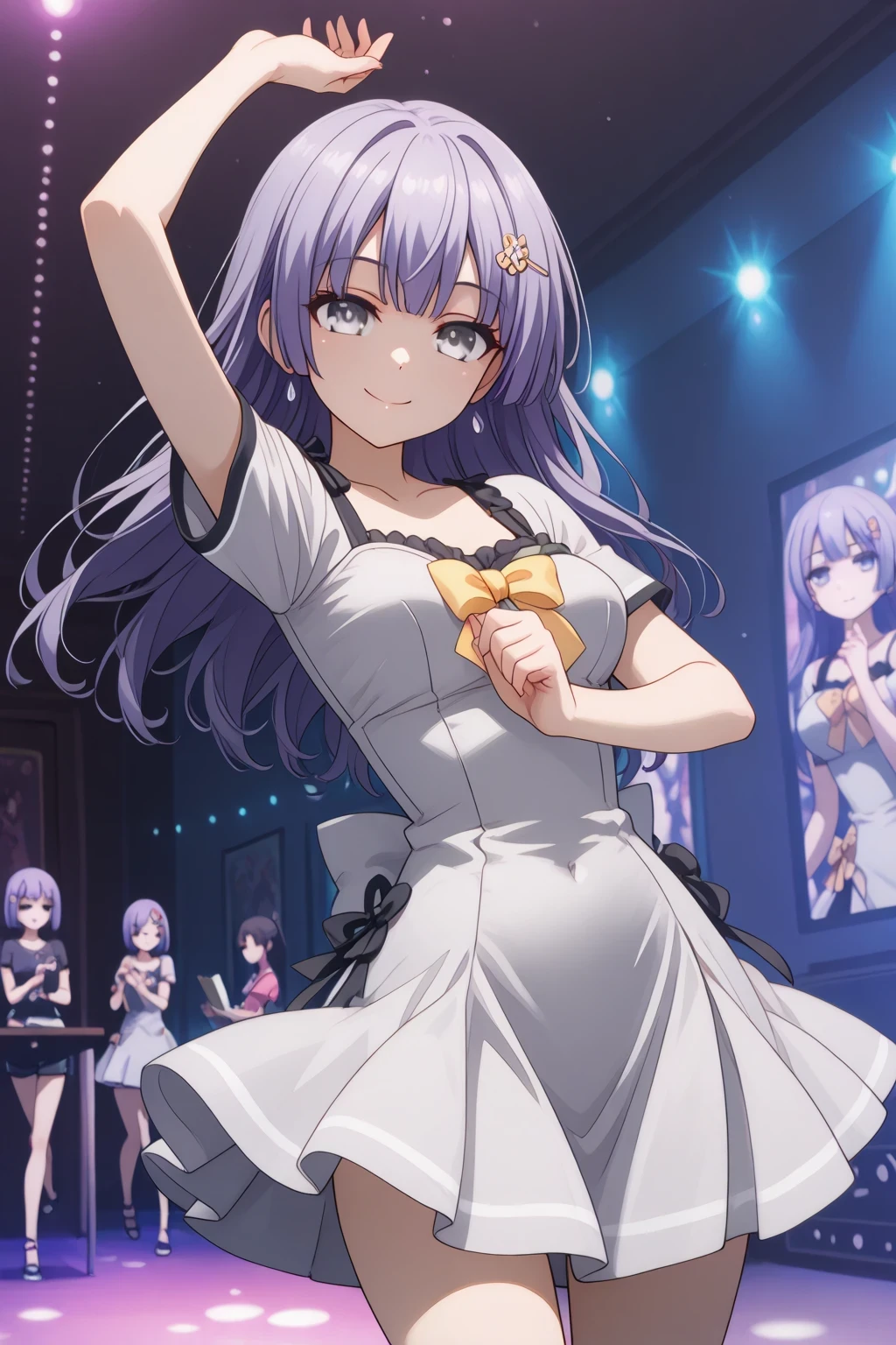 very awa, (vivid colors), detailed eyes, shining eyes, masterpiece, best quality, ultra-detailed, (8k), (hdr), (ultra-detailed), absurdres, looking at viewer, solo, 1girl, girl, indoors, dance clubs, night , smile, aamiku, purple hair, silver, eyes, mikuschool, hairclip, silver eyes,Traditional Chinese Dress ,purple, short sleeves, anime coloring, ((dance clubs, dancing , studying, cowboy shot))