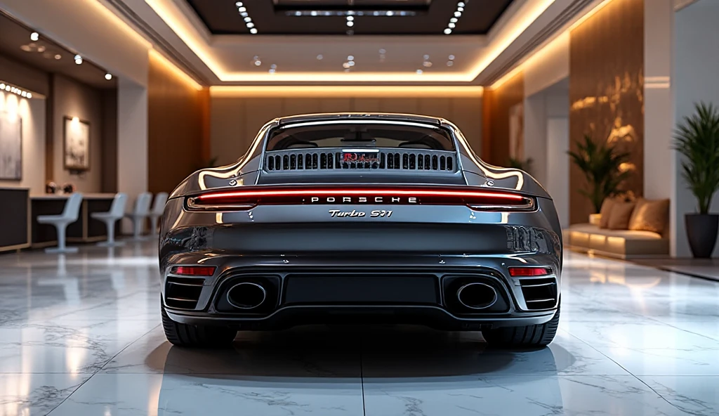 Ultra-realistic rear view of Porsche Turbo S 911 inside a luxury clean ...