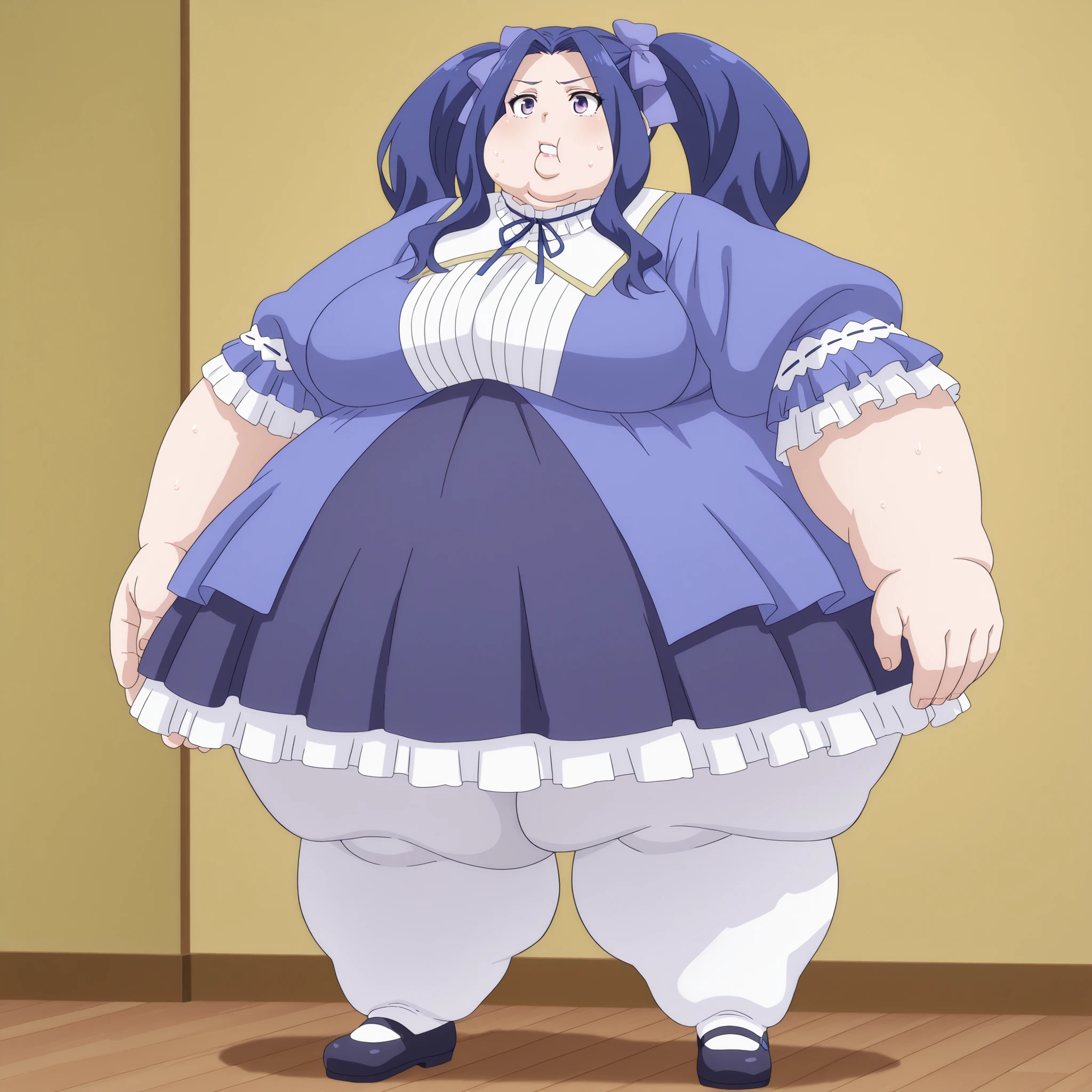 1girl, solo, meltyqm, blue dress, neck ribbon, hair bow, white pantyhose, mary janes, blank_stare, empty_stare,  fat, chubby, obese, gigantic arms and legs, large breasts, sweating, wet body, swollen face, Fat_neck , Fat head , eyes with crushed cheeks , nose with crushed cheeks , mouth with crushed cheeks , chin roll,
only head, large head, oversized limbs, large hands, large feet, oversized feet, oversized fingers, big lips, plump lips, fat face, fupa, big fupa, fat fupa, 