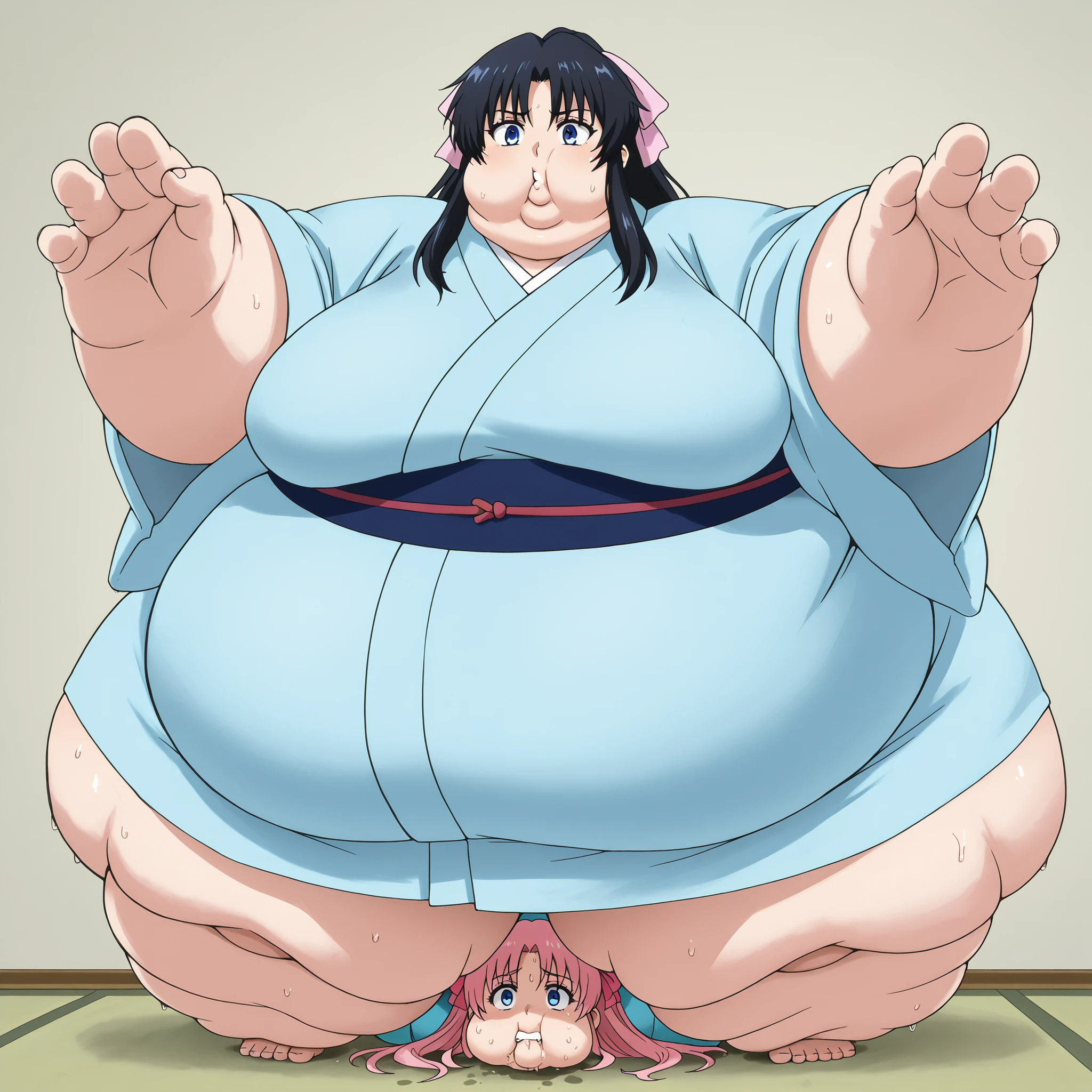 Kaoru Kamiya, Kaoru Kamiya,　 long hair, pink barrette ribbon , bangs, blue eyes, Thighs, Black Hair, light blue kimono ,　Navy blue Kimono obi , kimono, blank_stare, empty_stare,  fat, chubby, obese, gigantic arms and legs, large breasts, sweating, wet body, swollen face, Fat_neck , Fat head , eyes with crushed cheeks , nose with crushed cheeks , mouth with crushed cheeks , chin roll,
only head, large head, oversized limbs, large hands, large feet, oversized feet, oversized fingers, big lips, plump lips, neck buried in fat, Face buried in fat, fat face, fupa, big fupa, fat fupa, 