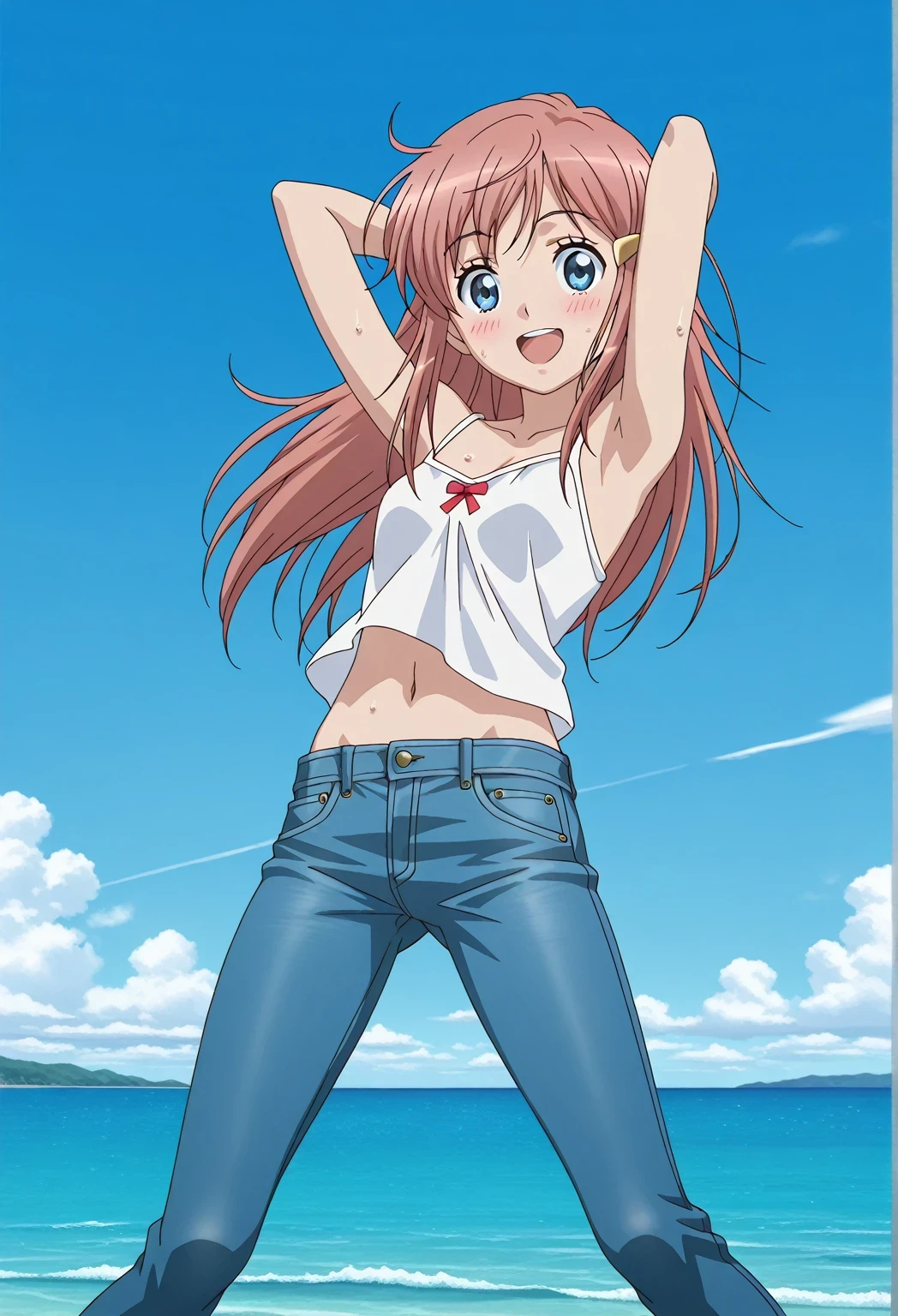score_9, score_8_up, score_7_up, source_anime, highres, hi res, ((best quality, top quality, perfect quality, Highest Quality, amazing quality)), {{masterpiece}}, {{an extremely delicate and beautiful}}, 2d, intricate details, official style, anime, 8k, anime style, official_anime, official art, digital painting, cell shading, soft shading, high resolution, soothing tones, Subdued Color, Soft cinematic light, adobe lightroom, photolab, HDR, intricately and hyper-detailed, ((high quality animation)), 1 girl, Alone, solo, ((ocean)), tsunami, on the water, day, sunny, outdoors, sky, windy, kato_marika, brown hair, long hair, blue eyes, ((single golden hair ornament)), anime screencap, small breasts, white camisole top, crop top, white crop top, best quality, hyper-detailed jeans, ((blue jeans:1.9)), (dark blue jeans:0.6), full medium body, medium shot, Open mouth, smiling, happy face, blush, sweat, standing, ((arms behind head:6.0)), bowlegged, jumping pose, action, looking at viewer, spread legs, Bend knees slightly, straight-on front view