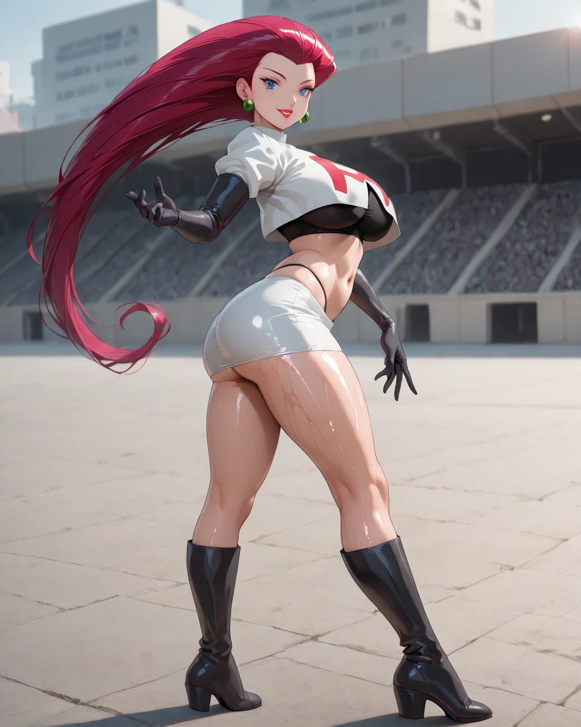 score_9, score_8_up, score_7_up, score_6_up, score_5_up, score_4_up,  ShaylaEl, best quality, 1girl, dark skinned girl, solo, red hair, Ponytail, anime hair, headband with a blue stone in the middle, green eyes,  red and pink outfit, elbow gloves,   thigh socks,  huge ass, perfect ass, back view, naughty smile,  <lora:Shayla_El_Hazard:0.8>  short skirt exposed ass,