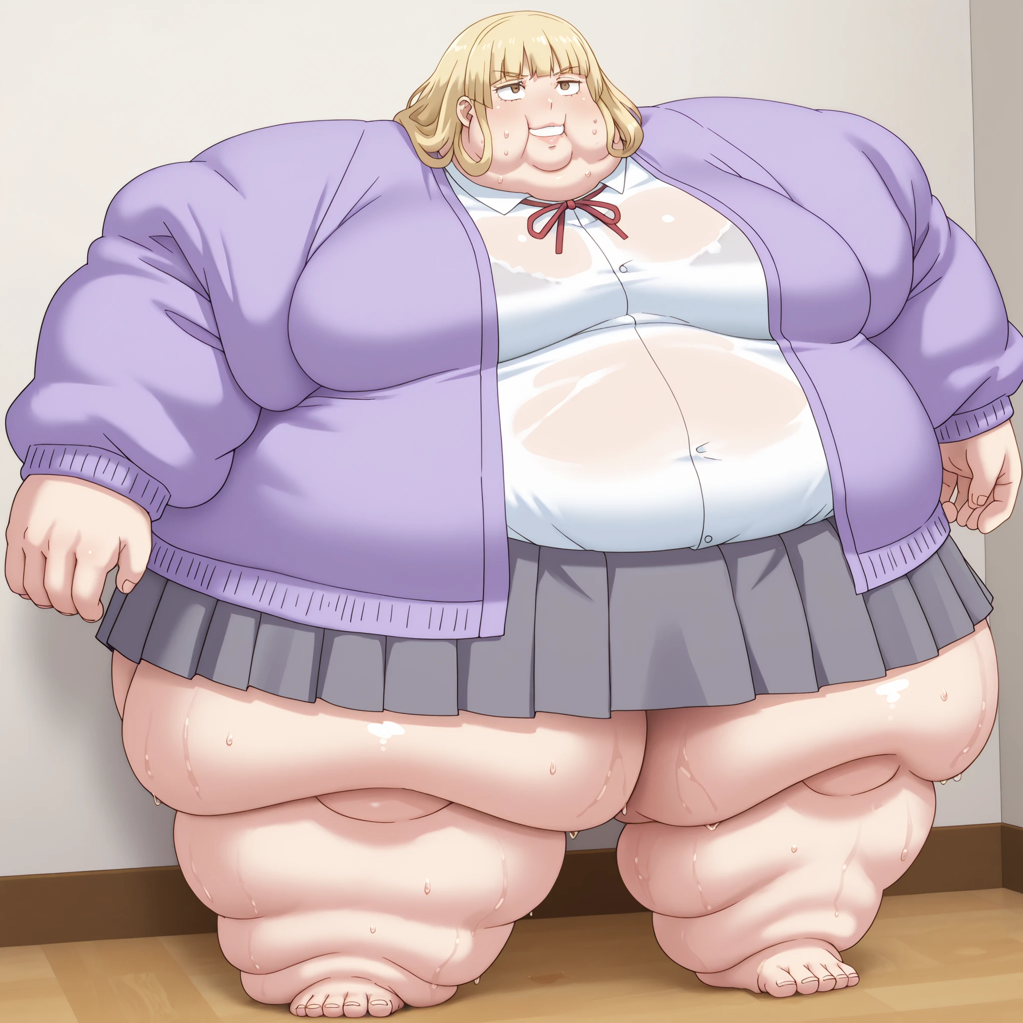 1girl, white shirt, school uniform, brown eyes, skirt, breasts, blonde hair, purple jacket, smile, blank_stare, empty_stare, fat, chubby, obese, gigantic arms and legs, large breasts, sweating, wet body, swollen face, Fat_neck , Fat head , eyes with crushed cheeks , nose with crushed cheeks , mouth with crushed cheeks , chin roll,
only head, large head, oversized limbs, large hands, large feet, oversized feet, oversized fingers, big lips, plump lips, fat face, fupa, big fupa, fat fupa,