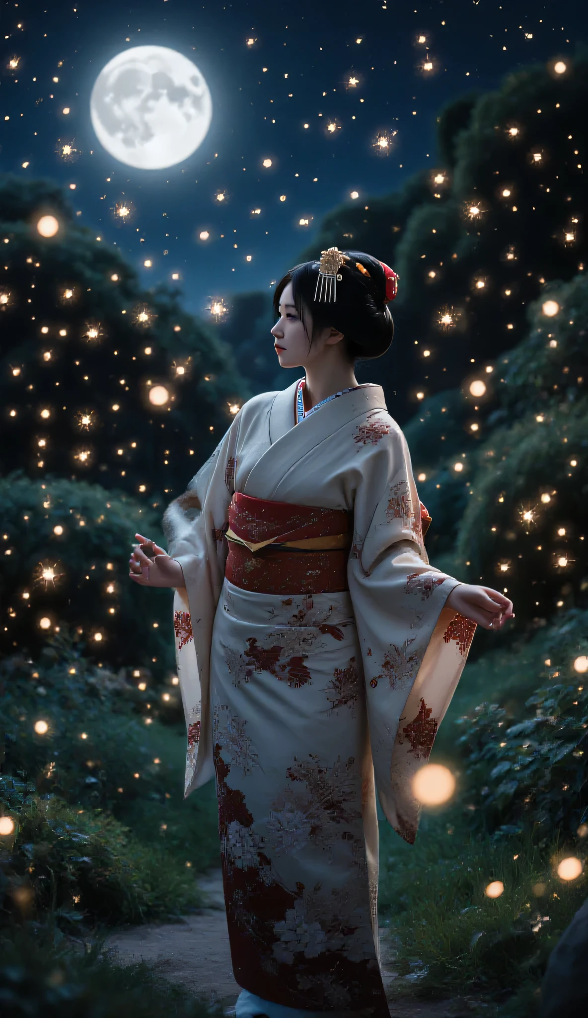 Real photo、night、 Firefly Light、A lot of fireflies are flying、Kimono、Kimonoを着た日本人女性、 Firefly Lightを見ている、４Ｋ