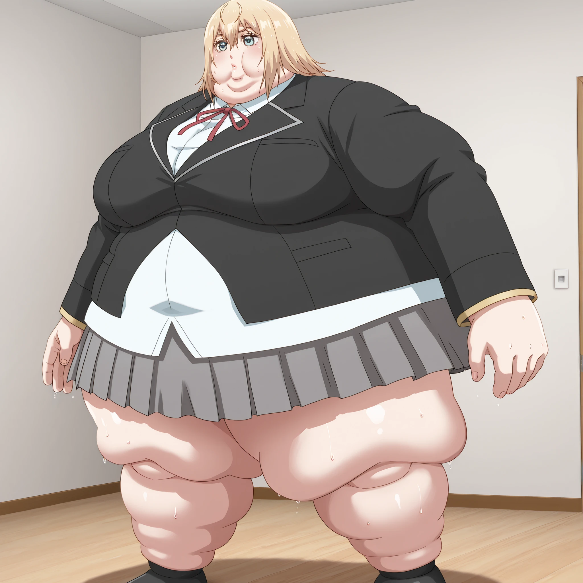 1girl, girl, indoors, aaolivia, blue eyes, blonde hair, oliviaschool, red neck ribbon, white dress shirt, black blazer, grey skirt, pleated skirt, blank_stare, empty_stare,  fat, chubby, obese, gigantic arms and legs, large breasts, sweating, wet body, swollen face, Fat_neck , Fat head , eyes with crushed cheeks , nose with crushed cheeks , mouth with crushed cheeks , chin roll,
only head, large head, oversized limbs, large hands, large feet, oversized feet, oversized fingers, big lips, plump lips, fat face, fupa, big fupa, fat fupa, 