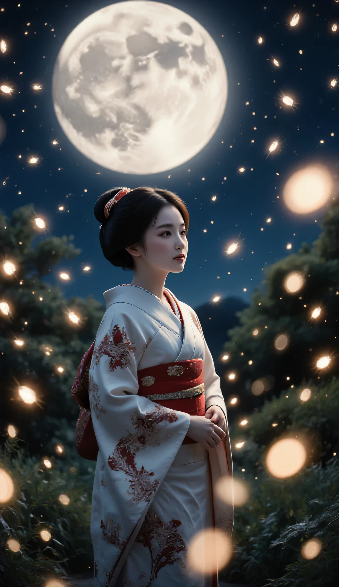 Real photo、night、 Firefly Light、A lot of fireflies are flying、Kimono、Kimonoを着た日本人女性、 Firefly Lightを見ている、４Ｋ